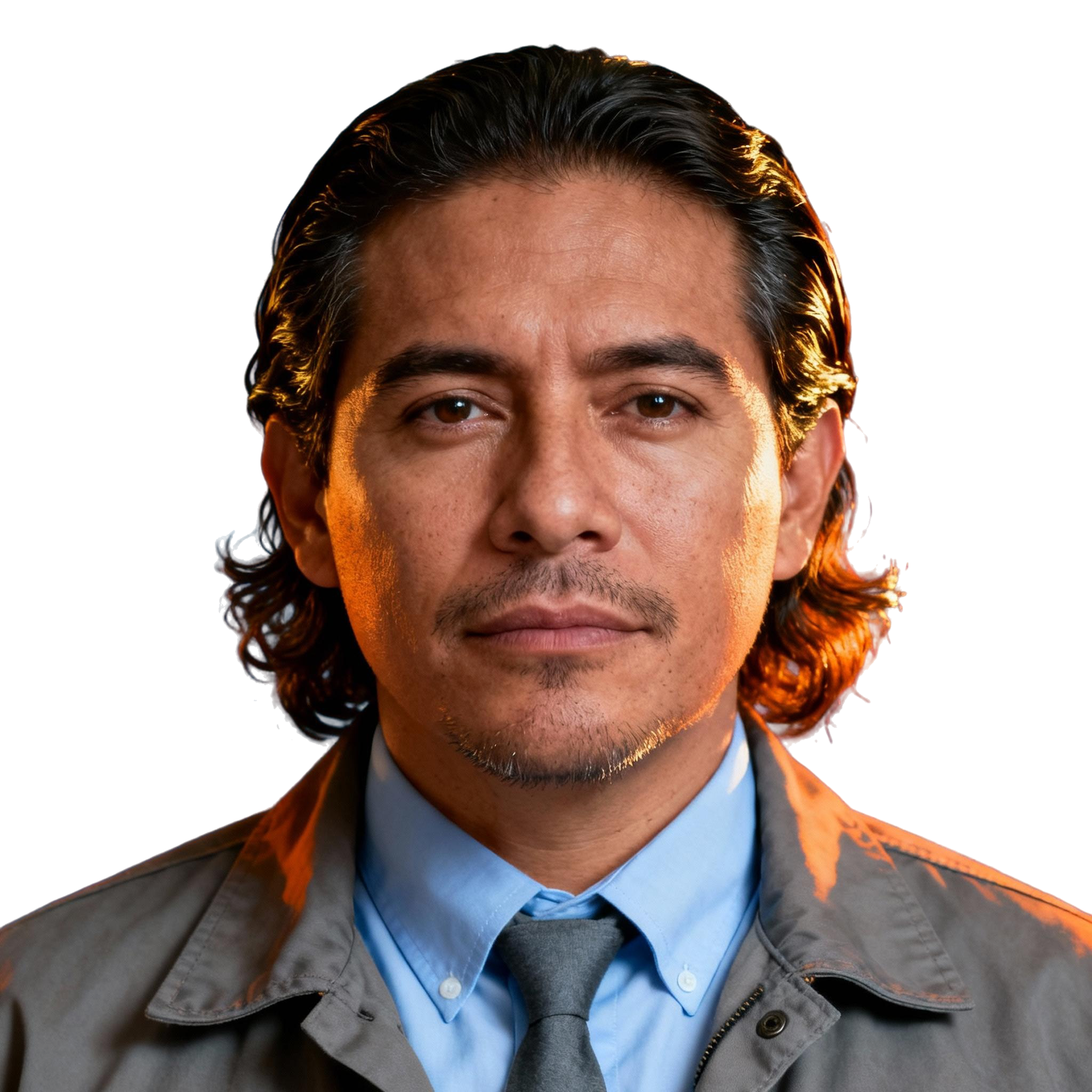 AI-generated portrait of a middle-aged man with medium-length hair and light facial hair, wearing a collared shirt, tie, and jacket, posed with a steady expression against a transparent background in soft lighting.