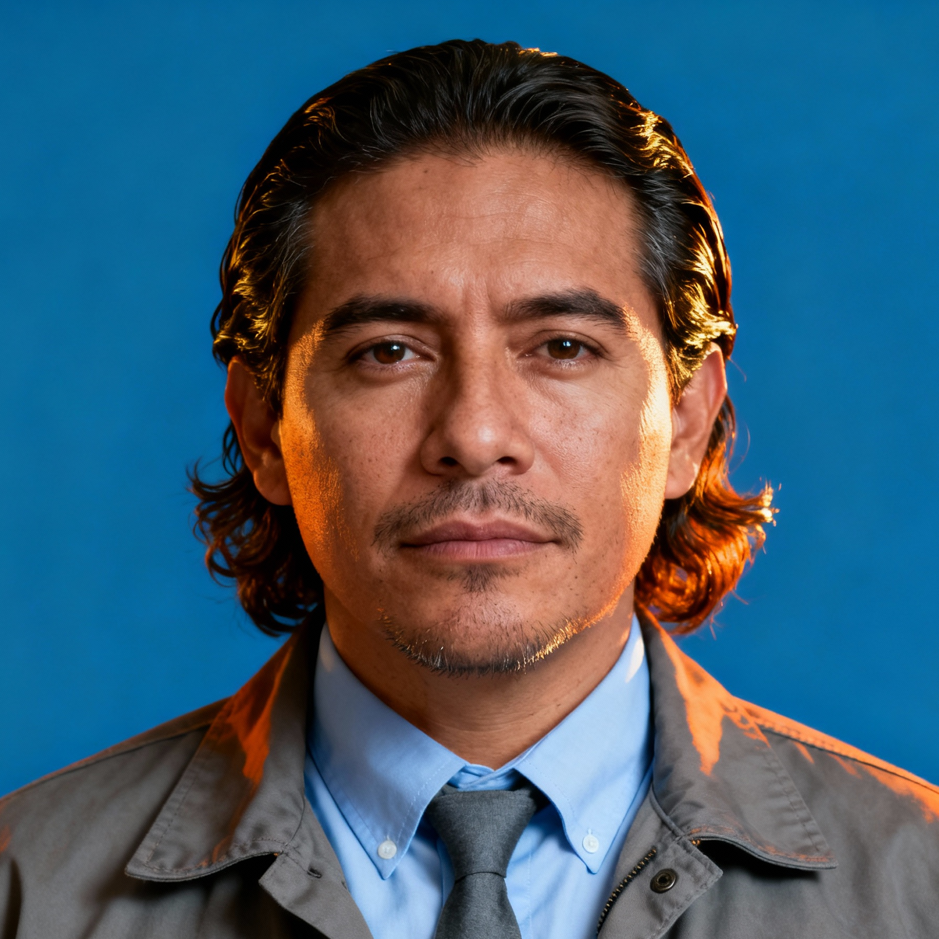 AI-generated portrait of a middle-aged man with medium-length hair and light facial hair, wearing a collared shirt, tie, and jacket, posed with a steady expression against a muted blue background in soft lighting.