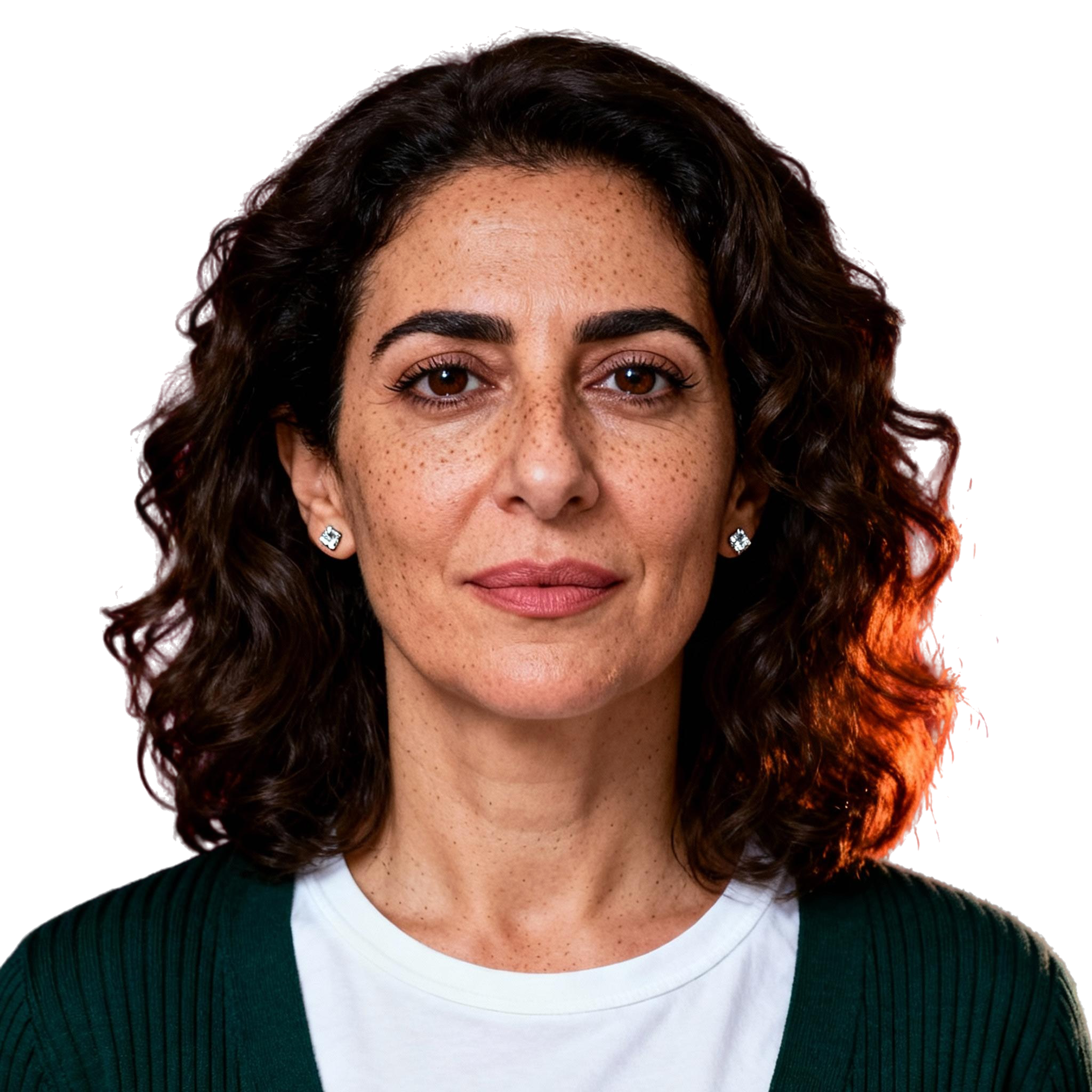 AI-generated portrait of a middle-aged woman with shoulder-length curly hair, wearing a knit cardigan and white top, posed with a calm expression against a transparent background in soft lighting.