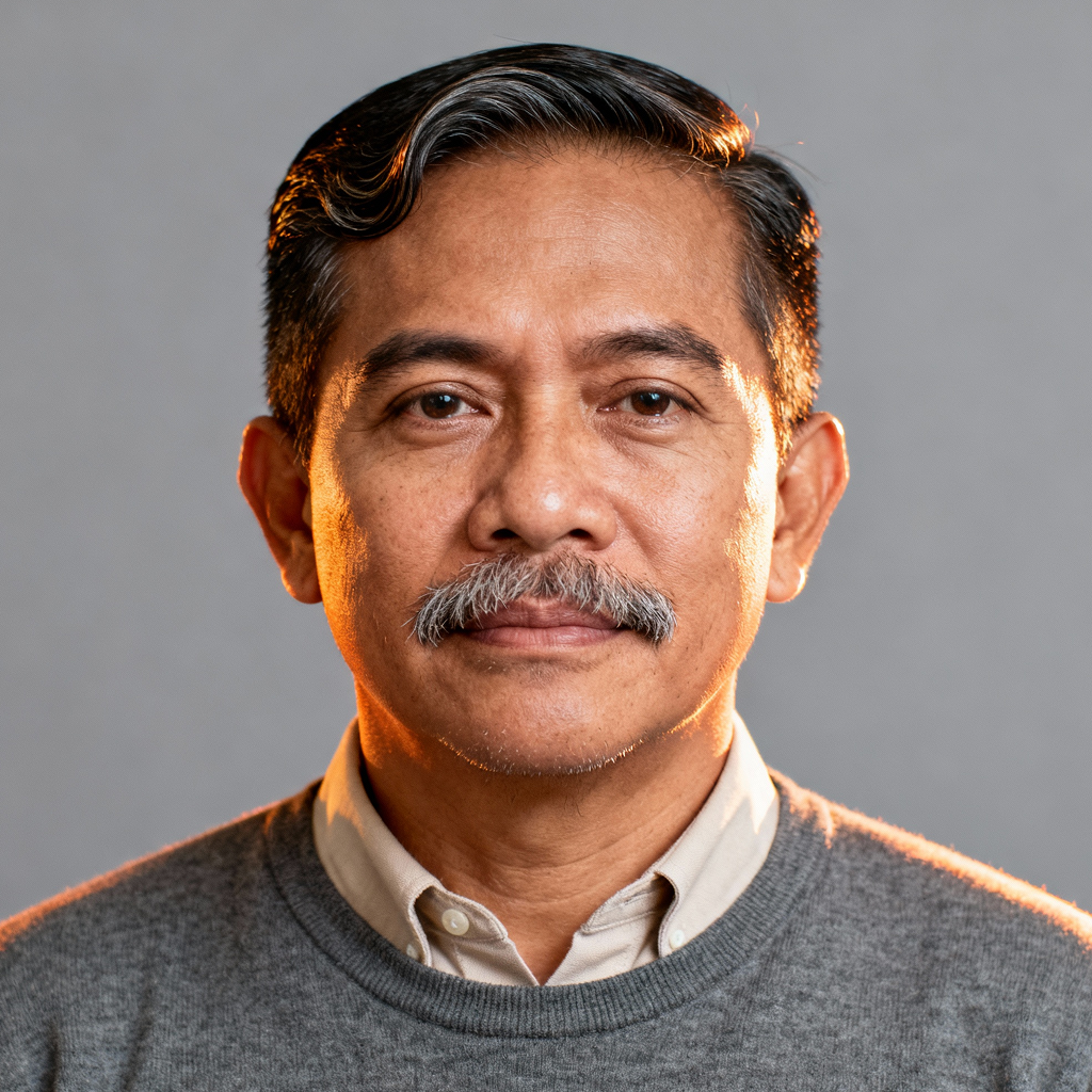 AI-generated portrait of a middle-aged man with short neatly styled hair and a trimmed mustache, wearing a crewneck sweater over a collared shirt, posed with a composed expression against a light gray background in soft lighting.