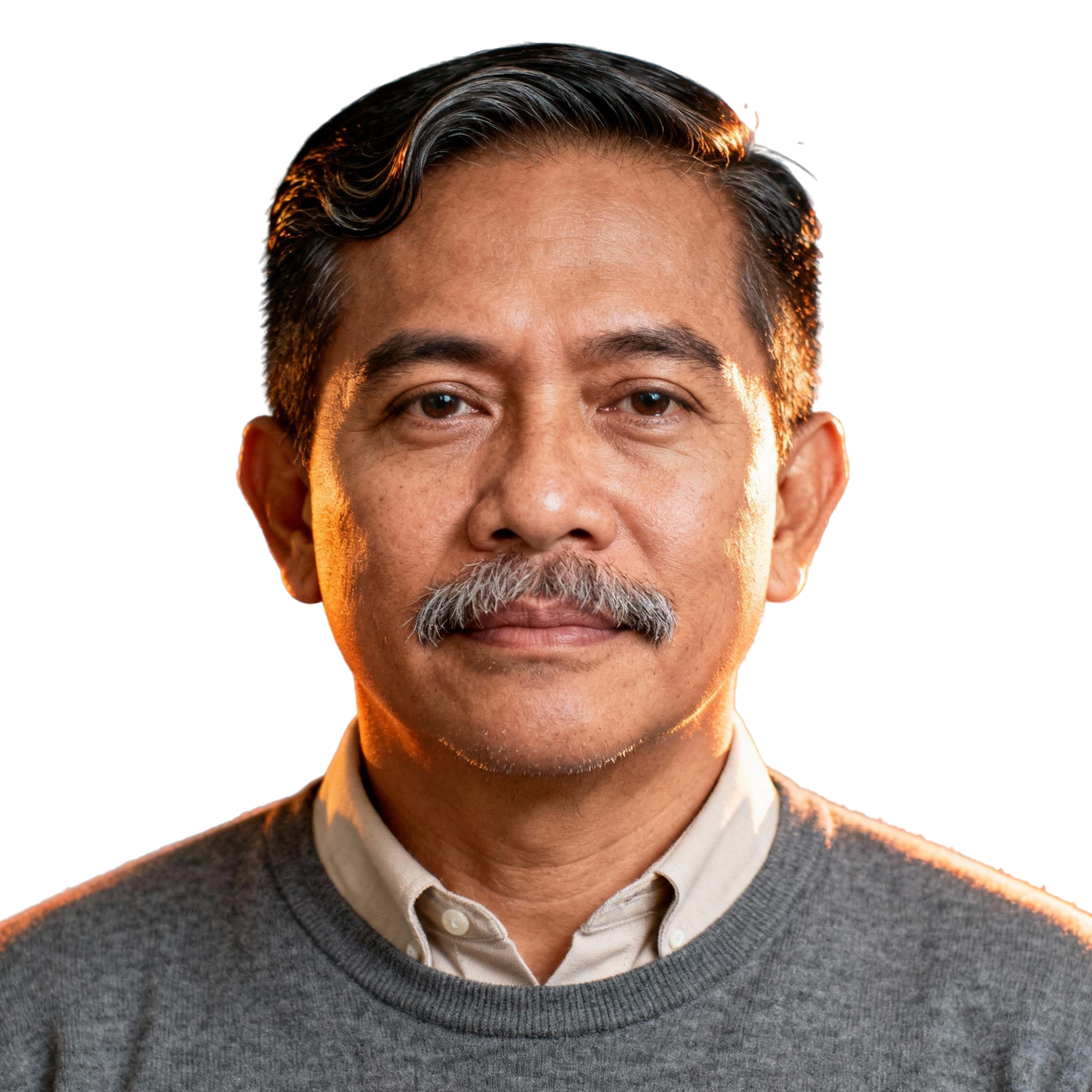 AI-generated portrait of a middle-aged man with short neatly styled hair and a trimmed mustache, wearing a crewneck sweater over a collared shirt, posed with a composed expression against a transparent background in soft lighting.