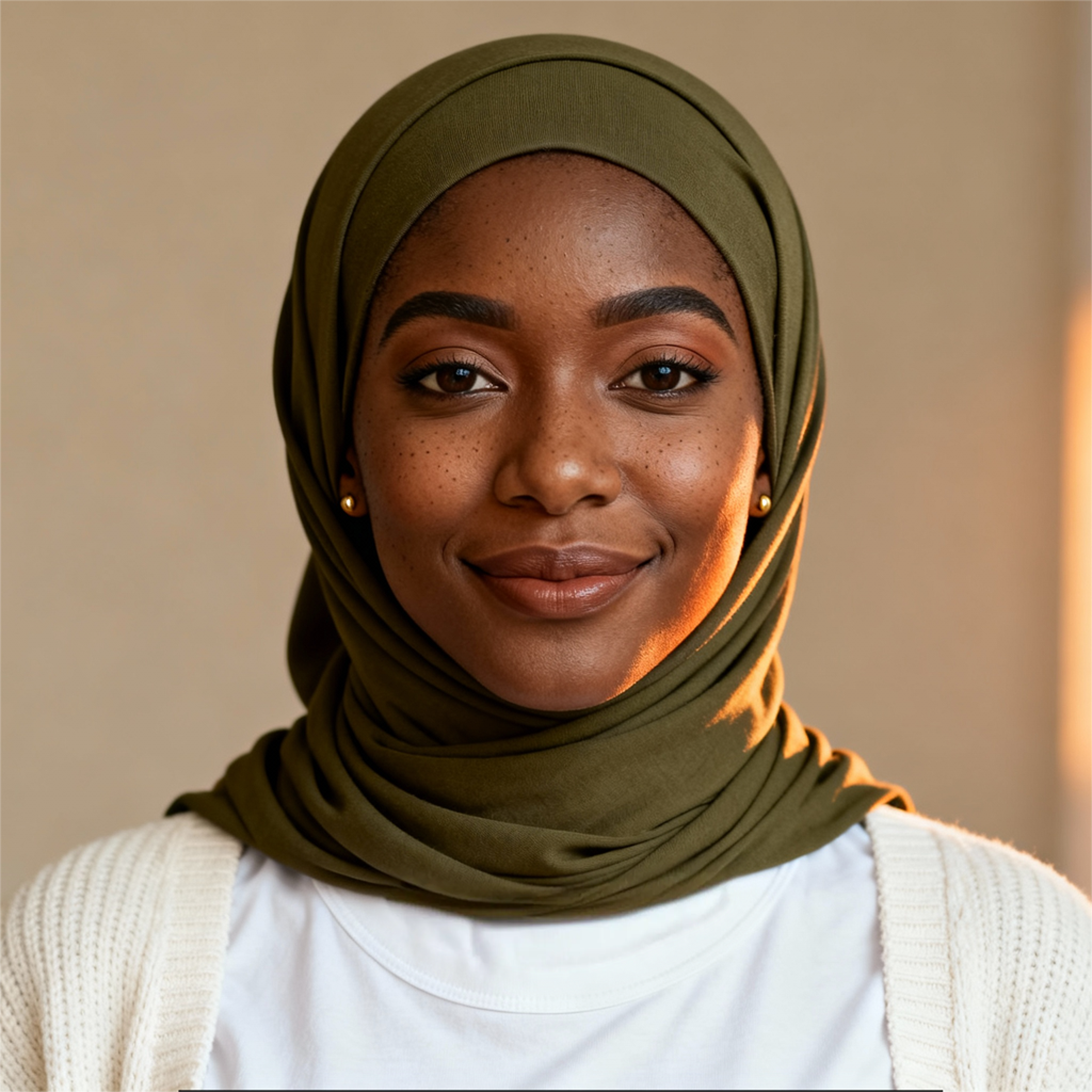 AI-generated portrait of a young woman with neatly framed features and a headscarf, wearing a light cardigan and top, posed with a composed expression against a beige background in soft lighting.