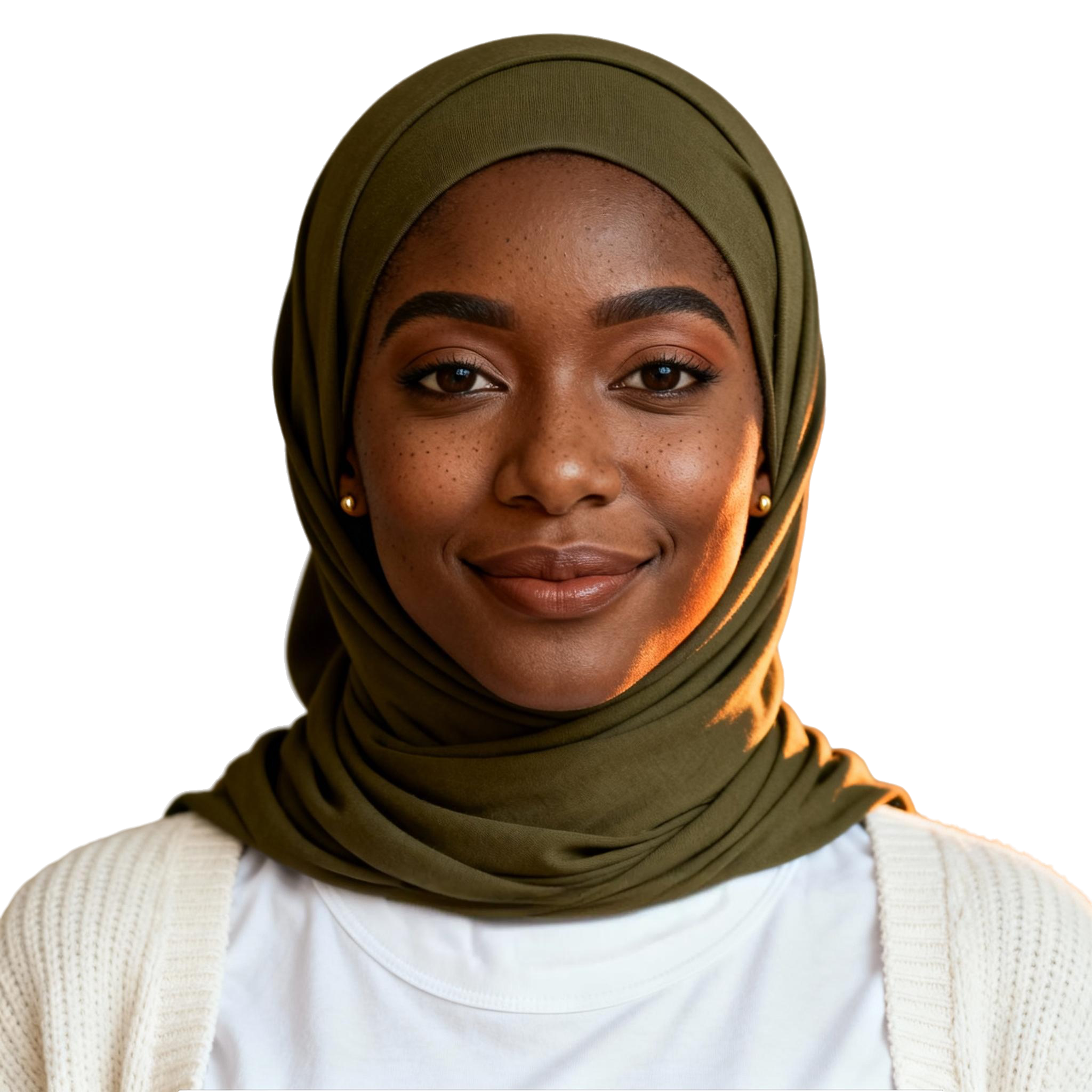 AI-generated portrait of a young woman with neatly framed features and a headscarf, wearing a light cardigan and top, posed with a composed expression against a transparent background in soft lighting.