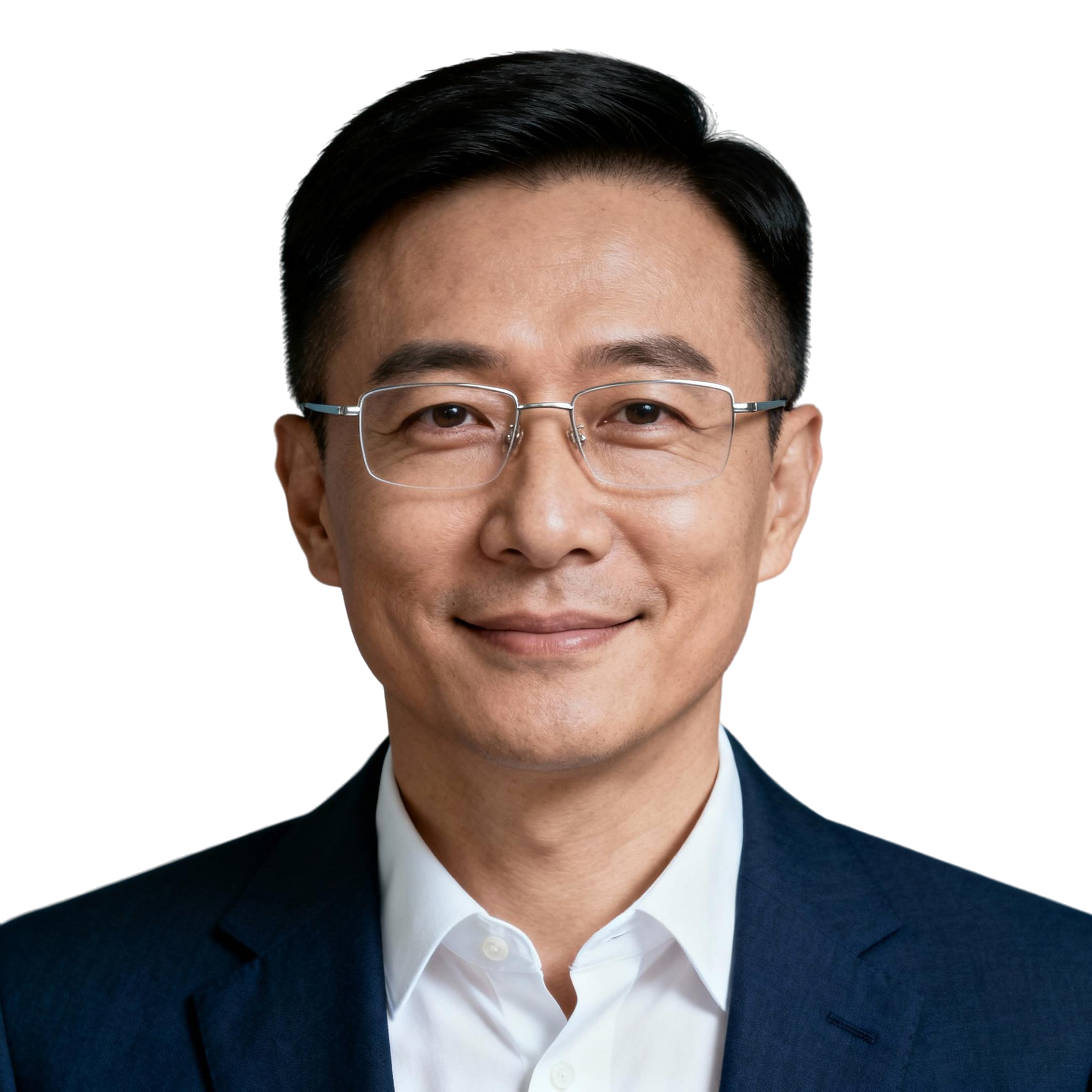AI-generated portrait of a middle-aged man with short neatly styled hair and glasses, wearing a blazer and collared shirt, posed with a slight smile against a transparent background in soft lighting.