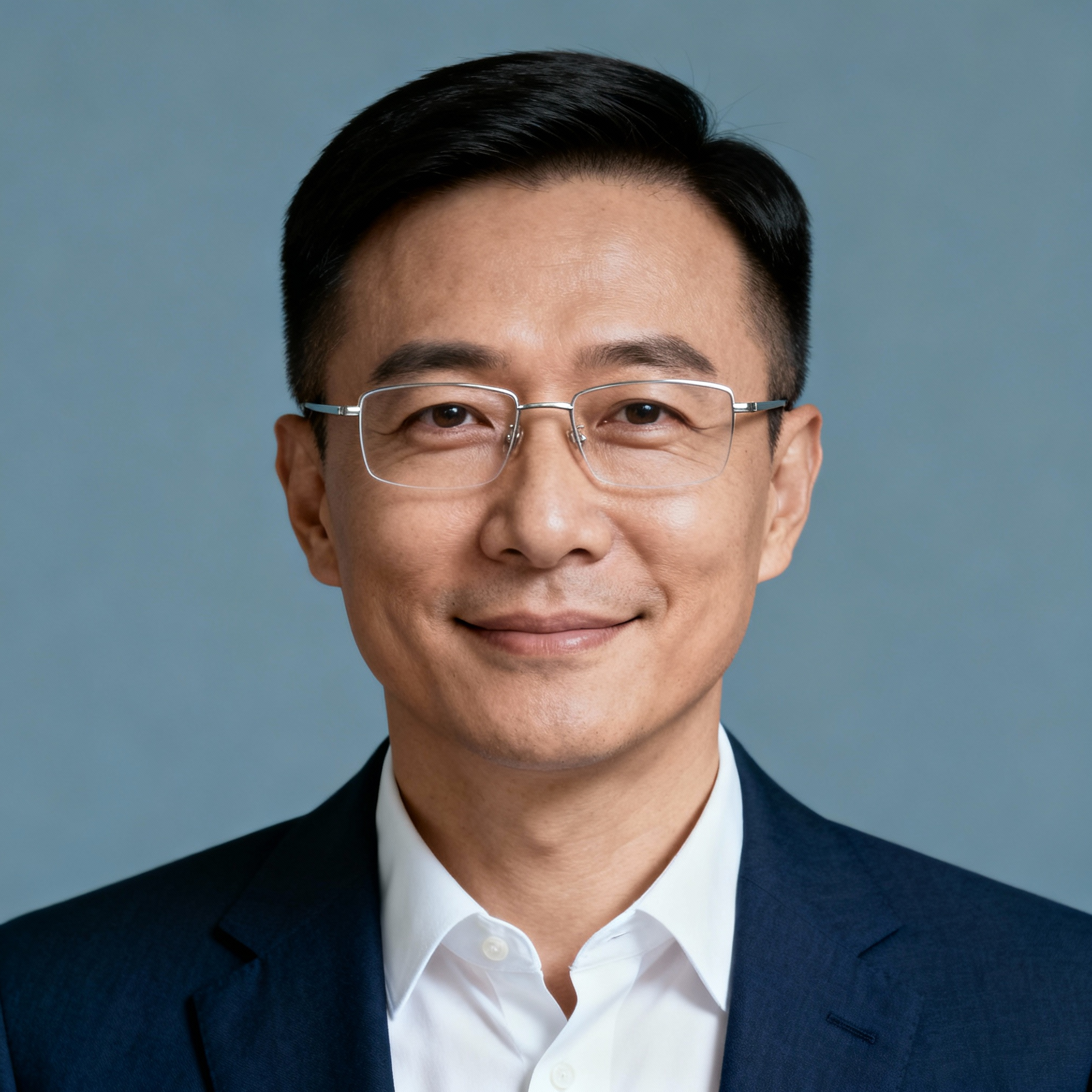 AI-generated portrait of a middle-aged man with short neatly styled hair and glasses, wearing a blazer and collared shirt, posed with a slight smile against a muted blue background in soft lighting.
