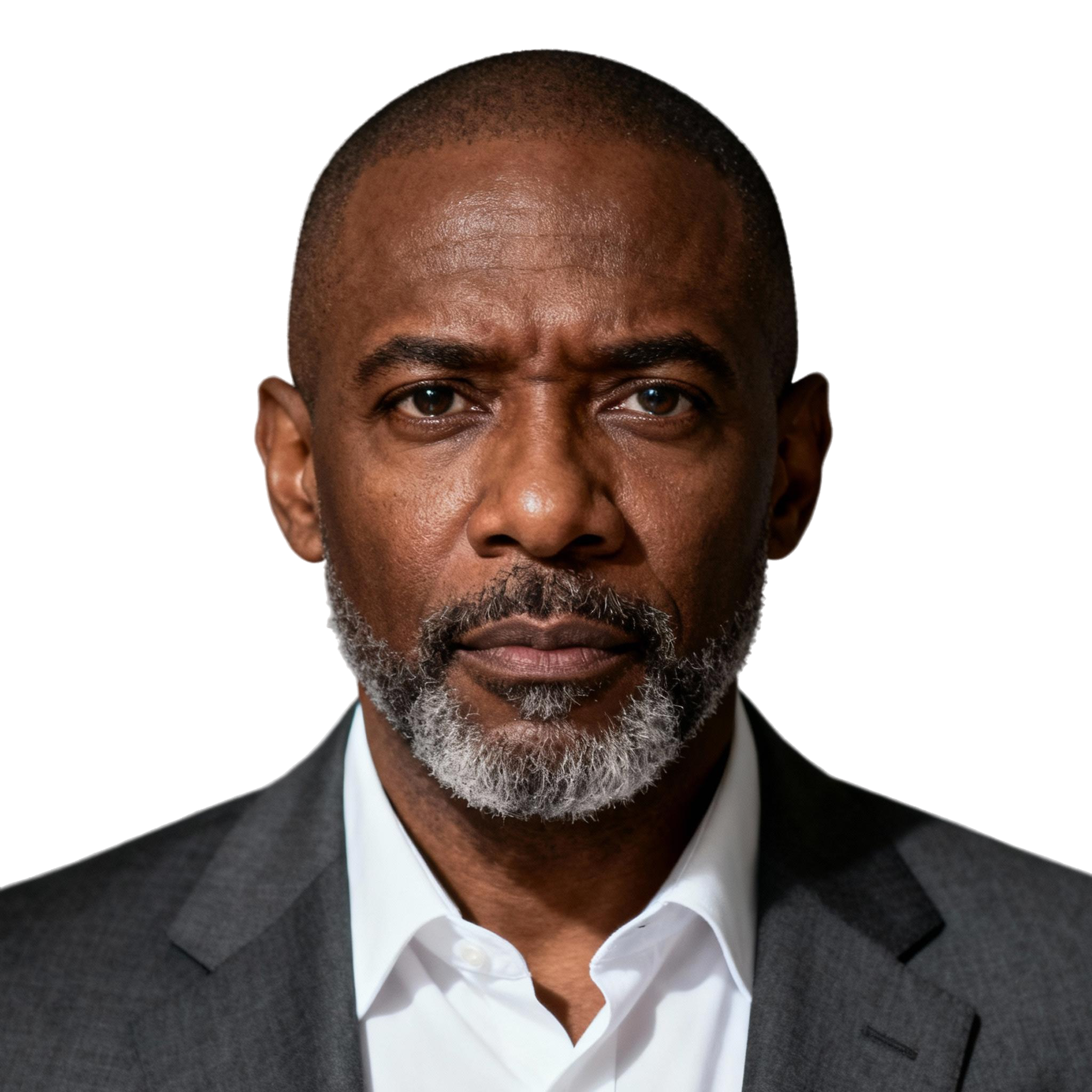 AI-generated portrait of a middle-aged man with closely cropped hair and a short beard, wearing a blazer and collared shirt, posed with a neutral expression against a transparent background in soft lighting.