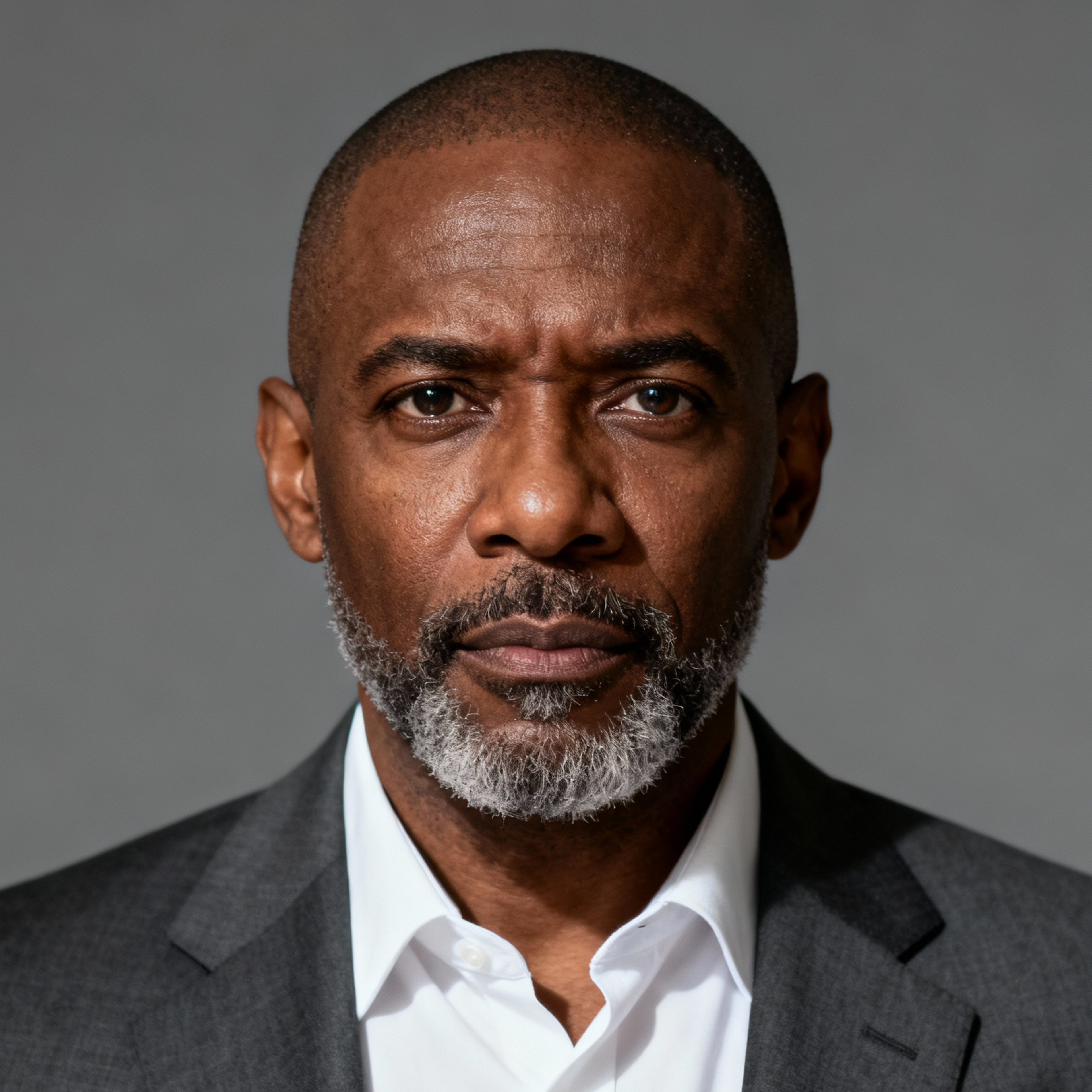 AI-generated portrait of a middle-aged man with closely cropped hair and a short beard, wearing a blazer and collared shirt, posed with a neutral expression against a cool gray background in soft lighting.