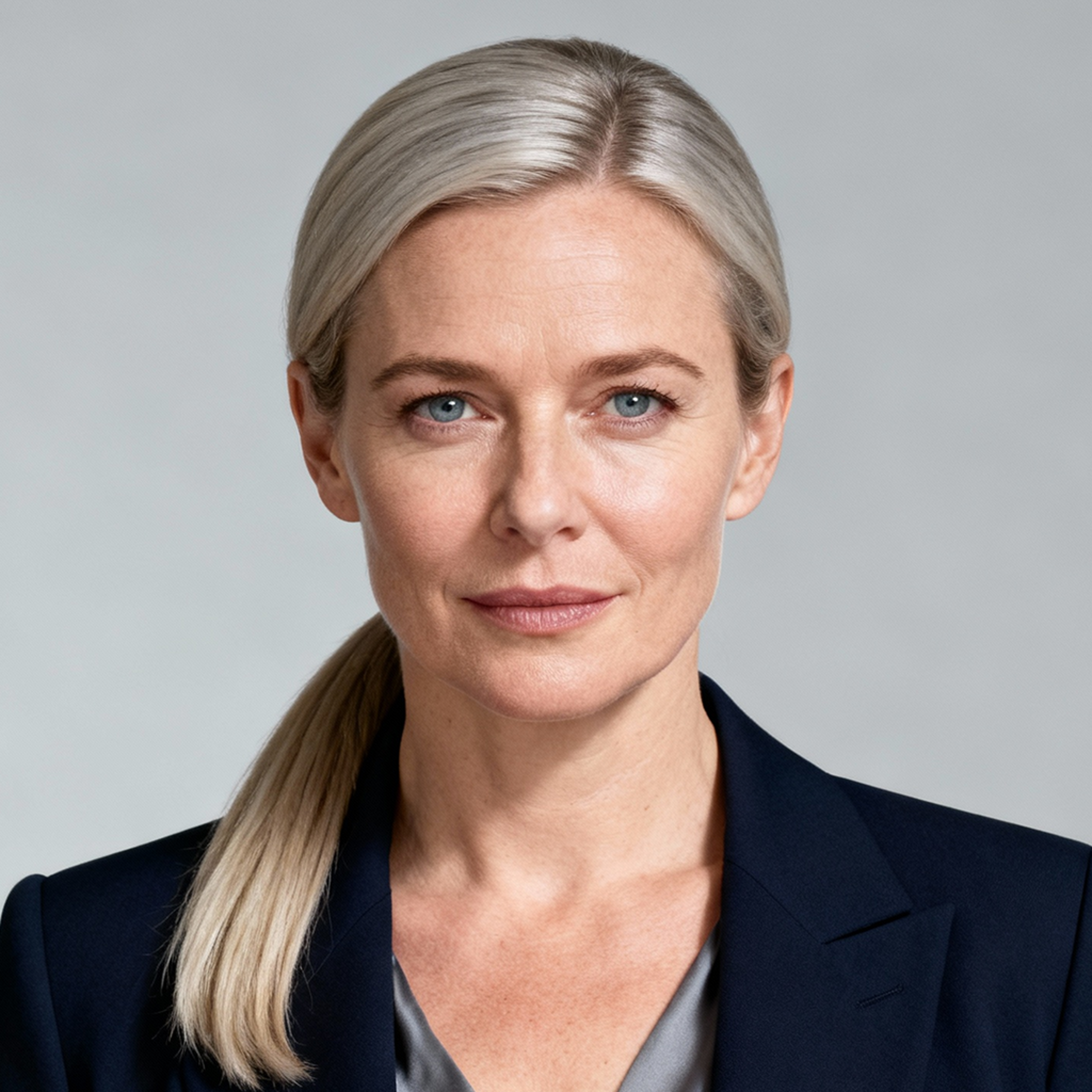 AI-generated portrait of a middle-aged woman with blonde hair pulled back, wearing a blazer and blouse, posed with a composed expression against a light gray background in soft lighting.