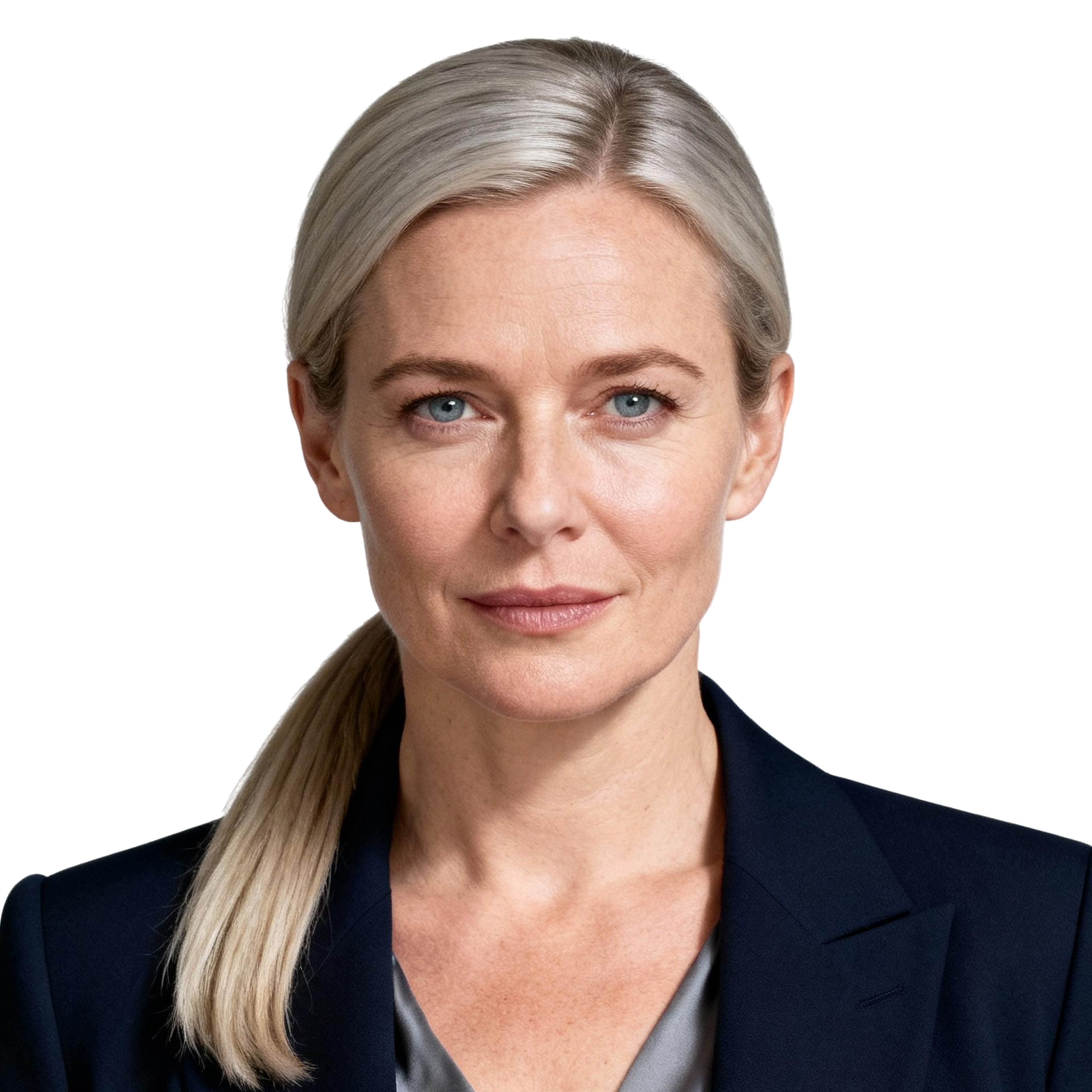 AI-generated portrait of a middle-aged woman with blonde hair pulled back, wearing a blazer and blouse, posed with a composed expression against a transparent background in soft lighting.