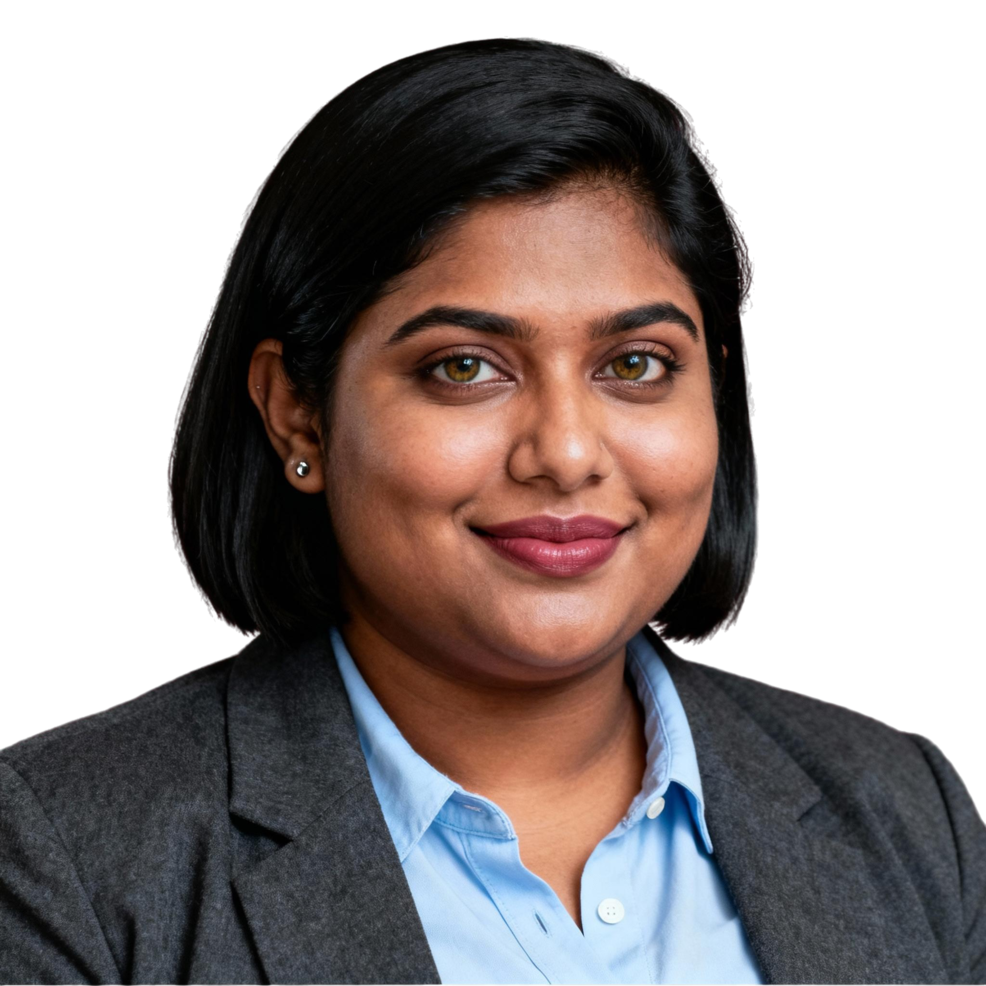 AI-generated portrait of a young woman with shoulder-length dark hair, wearing a blazer and collared shirt, posed with a warm expression against a transparent background in soft lighting.