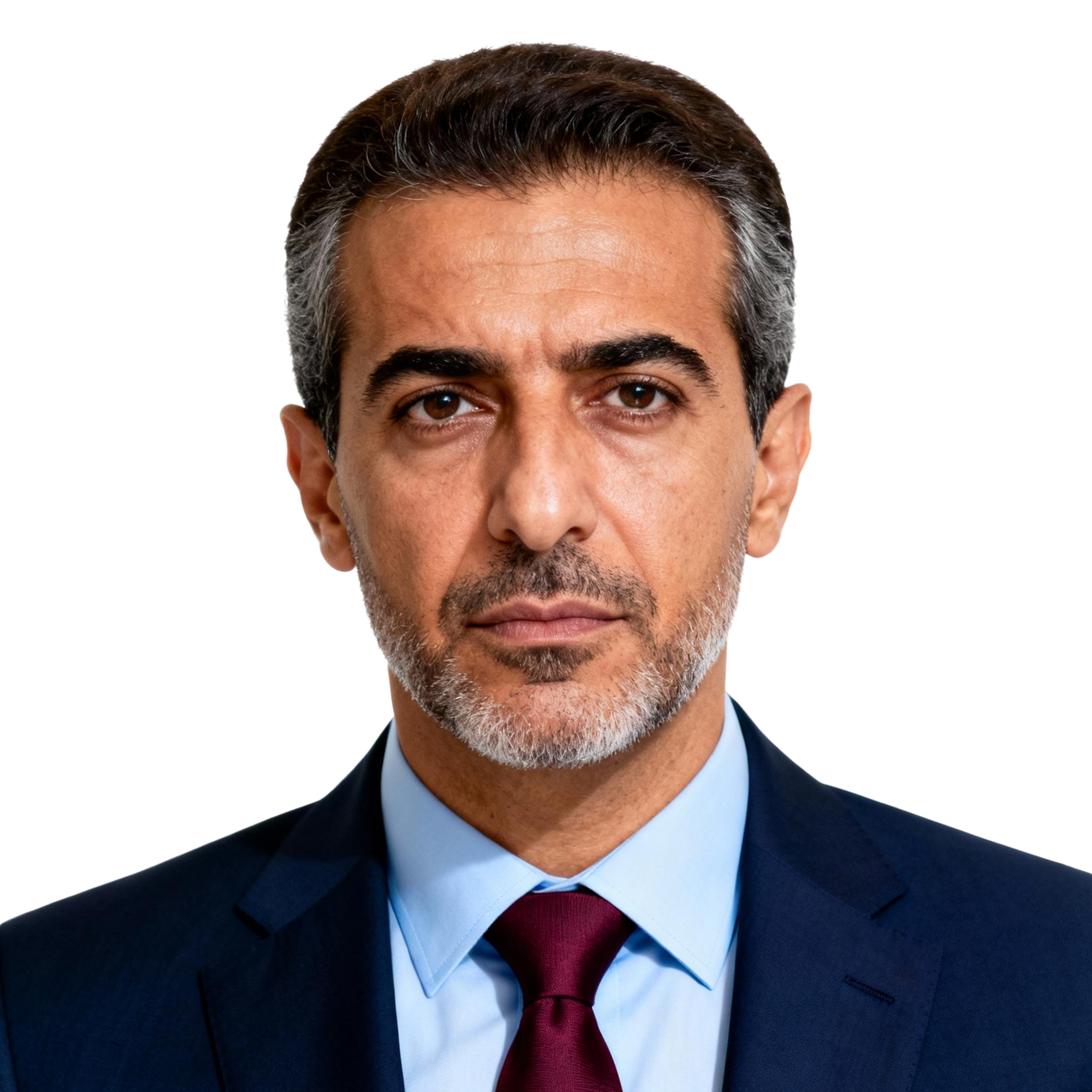 AI-generated portrait of a middle-aged man with short dark hair and trimmed facial hair, wearing a blazer and tie, posed with a serious expression against a transparent background in soft lighting.