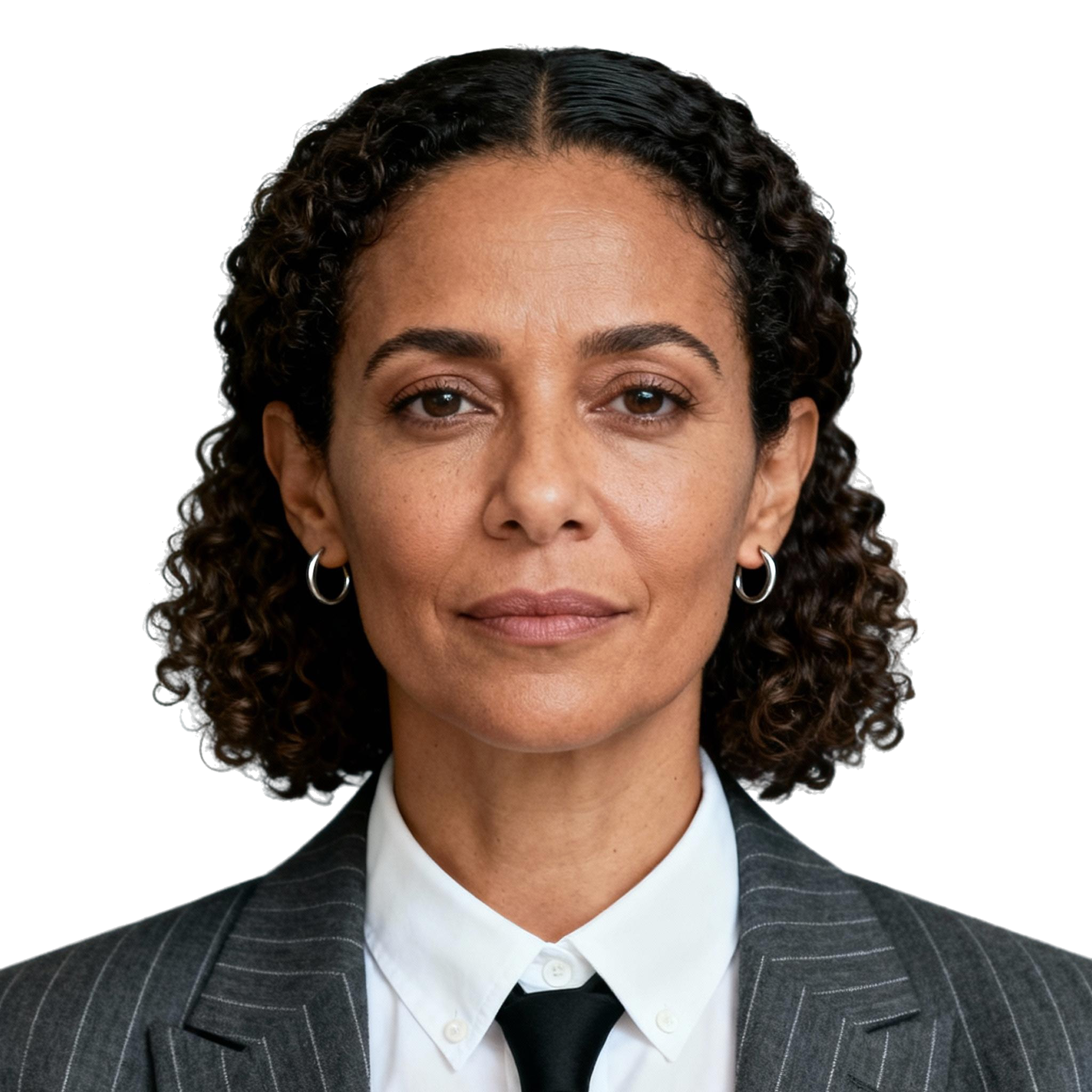 AI-generated portrait of a middle-aged woman with shoulder-length curly hair, wearing a blazer and collared shirt, posed with a neutral expression against a transparent background in soft lighting.