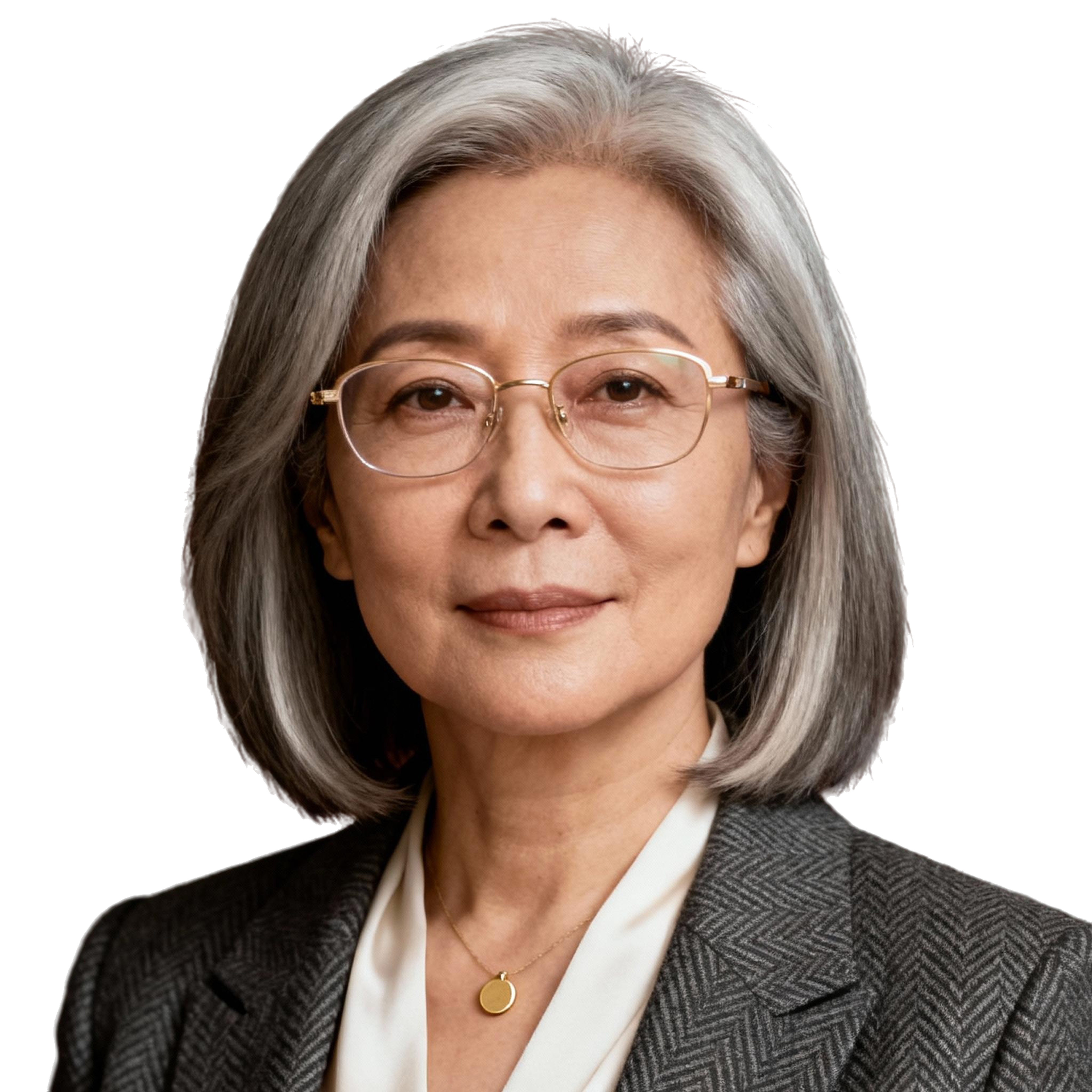 AI-generated portrait of a middle-aged woman with straight gray hair and glasses, wearing a blazer and blouse, posed with a composed expression against a transparent background in soft lighting.