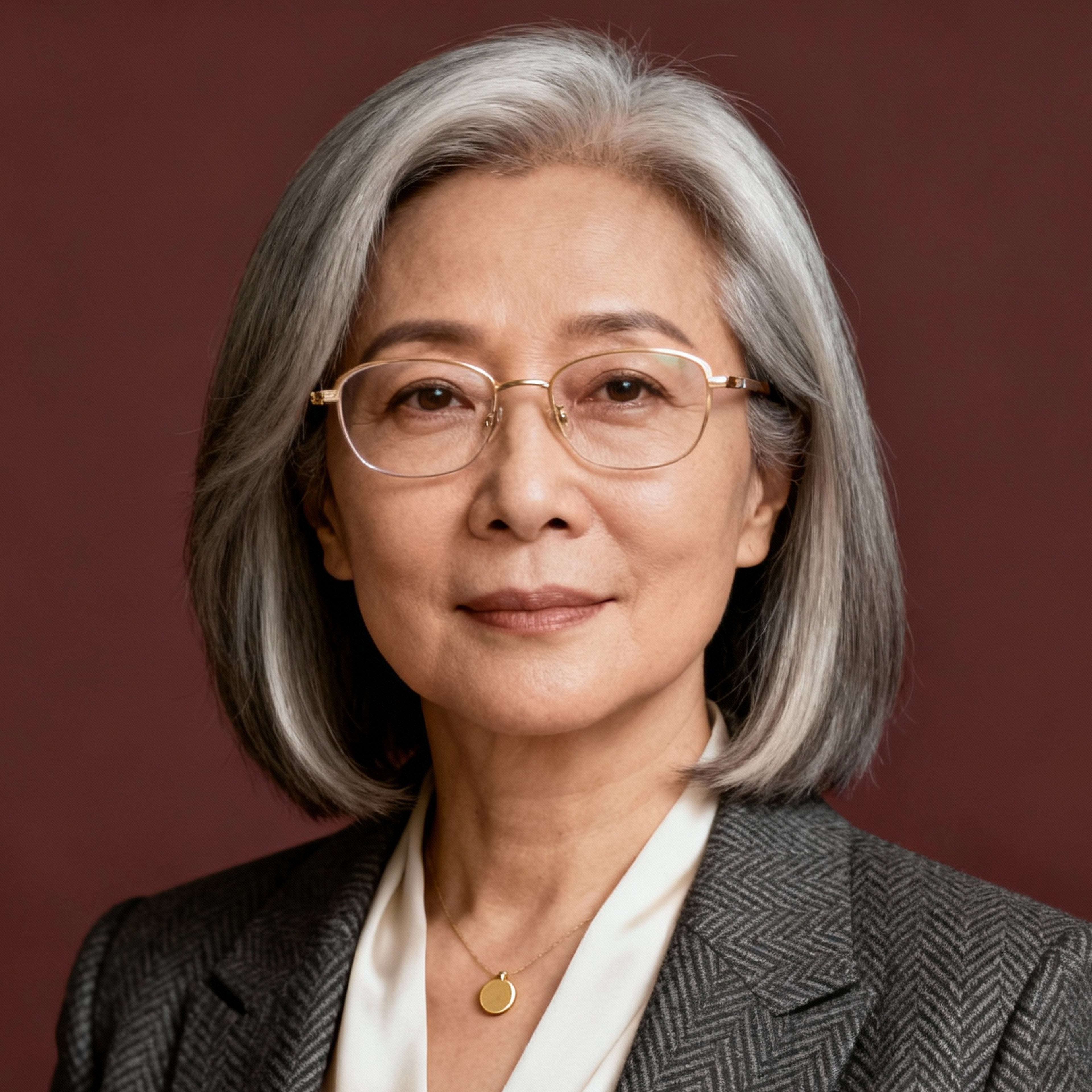 AI-generated portrait of a middle-aged woman with straight gray hair and glasses, wearing a blazer and blouse, posed with a composed expression against a warm burgundy background in soft lighting.