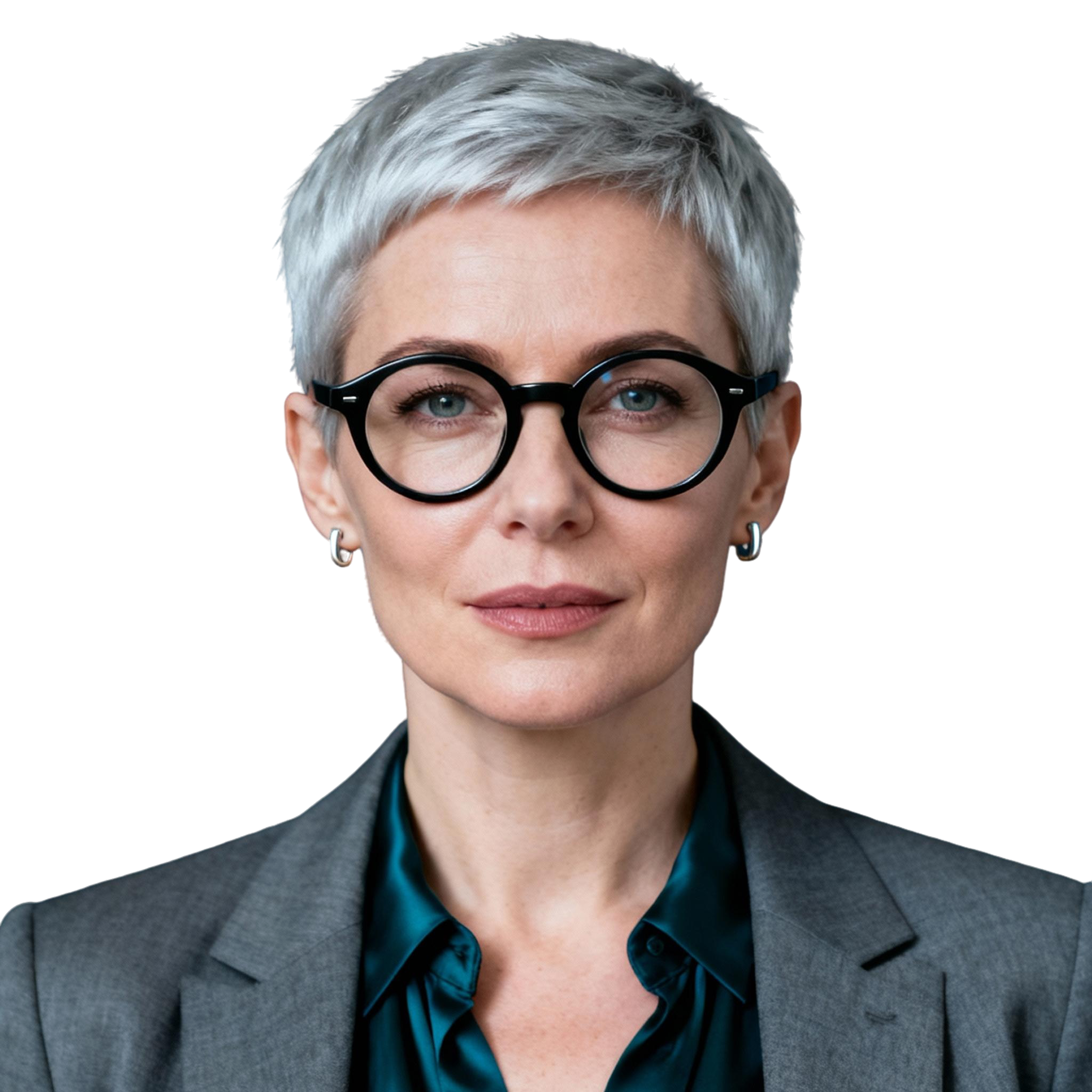 AI-generated portrait of a middle-aged woman with short silver hair and round glasses, wearing a blazer and blouse, posed with a calm expression against a transparent background in soft lighting.