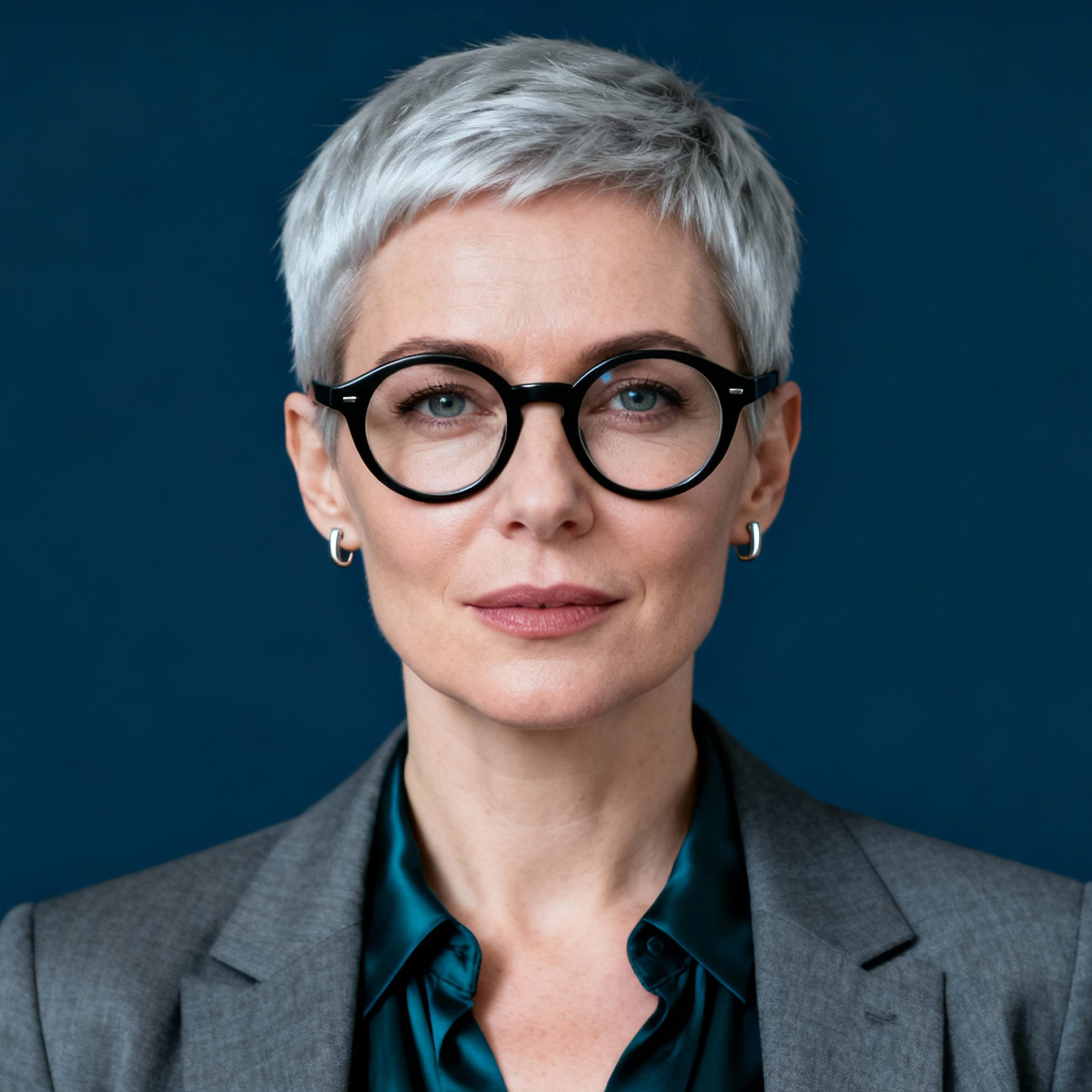 AI-generated portrait of a middle-aged woman with short silver hair and round glasses, wearing a blazer and blouse, posed with a calm expression against a deep blue background in soft lighting.