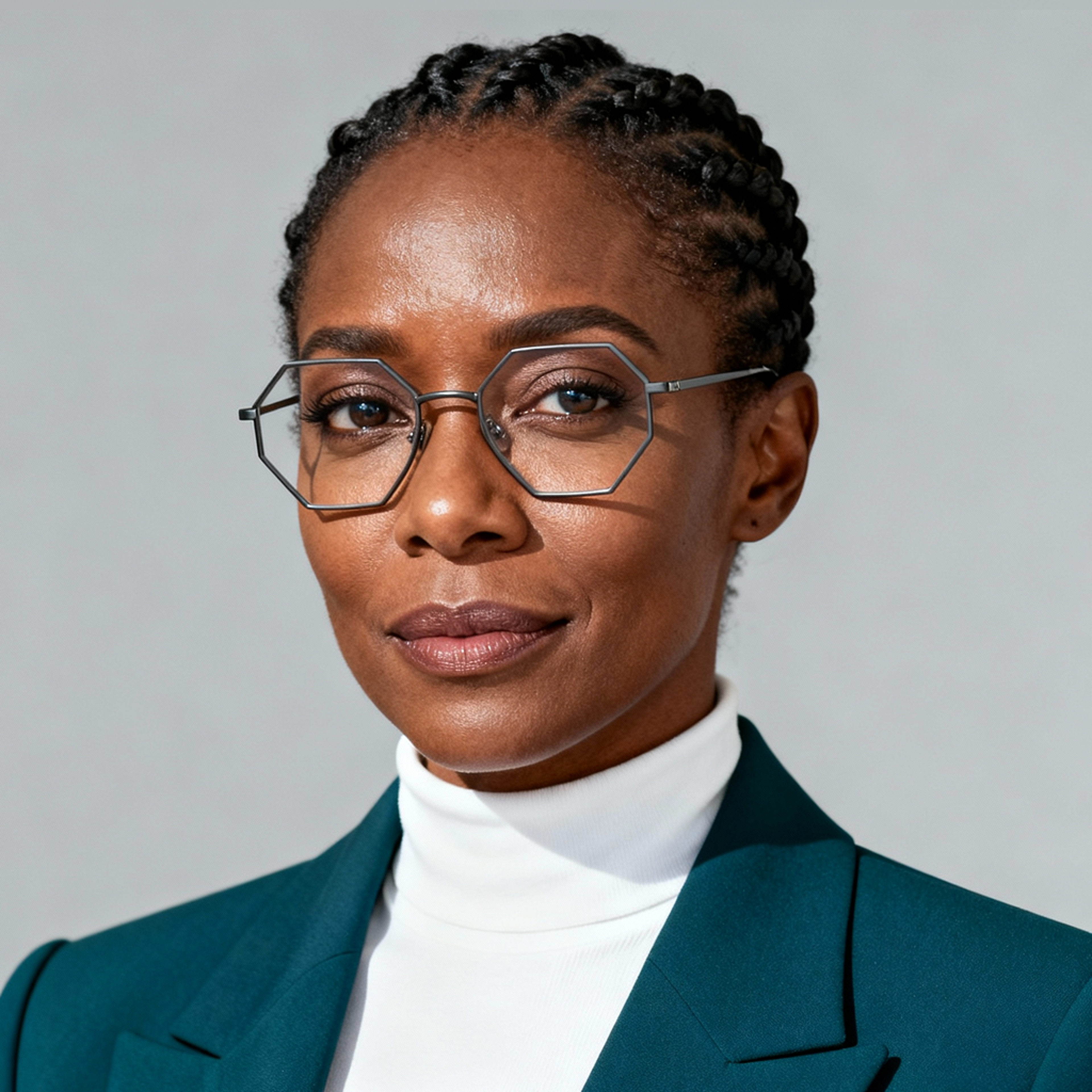 AI-generated portrait of a middle-aged woman with braided hair and glasses, wearing a blazer and high-neck top, posed with a neutral expression against a light gray background in soft lighting.