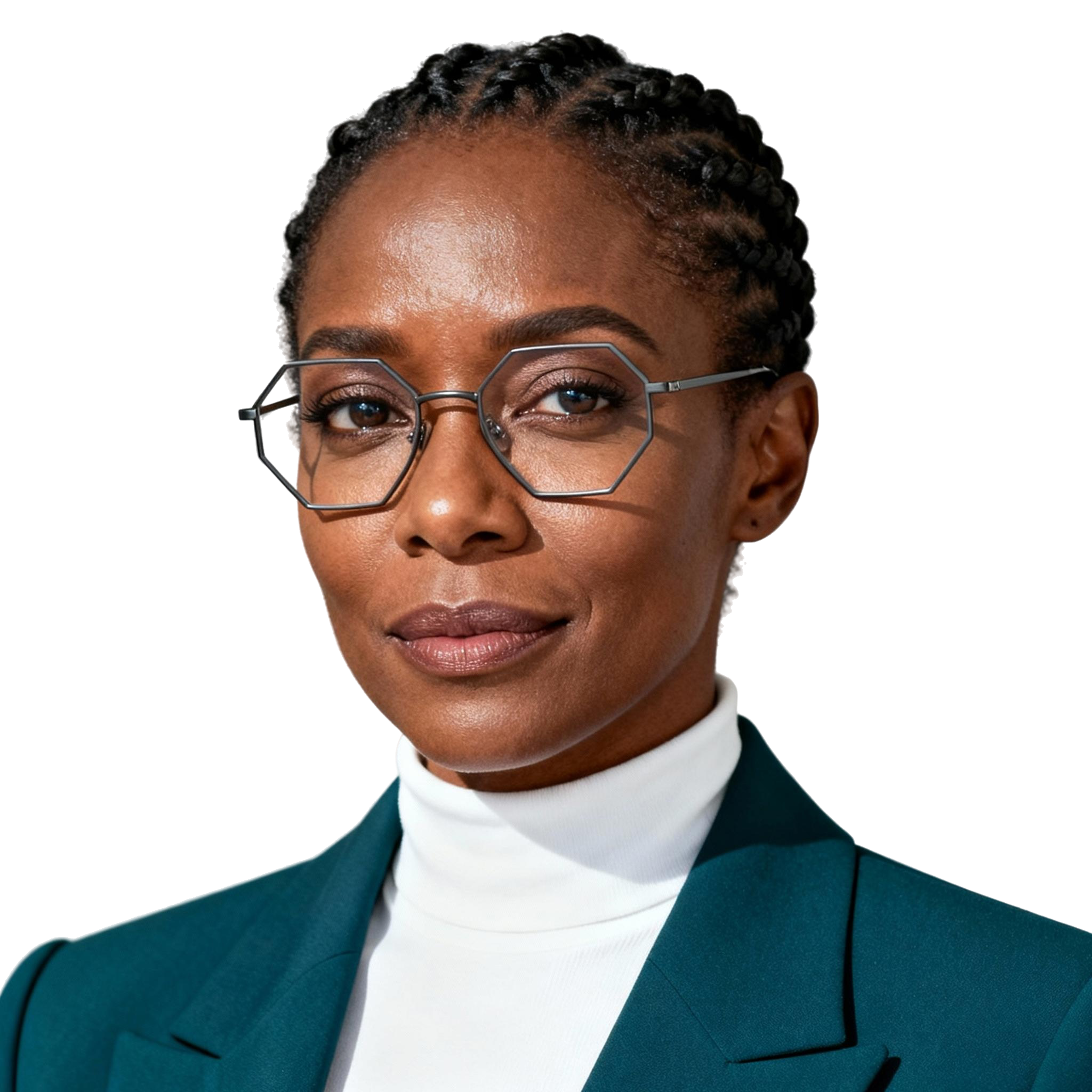 AI-generated portrait of a middle-aged woman with braided hair and glasses, wearing a blazer and high-neck top, posed with a neutral expression against a transparent background in soft lighting.