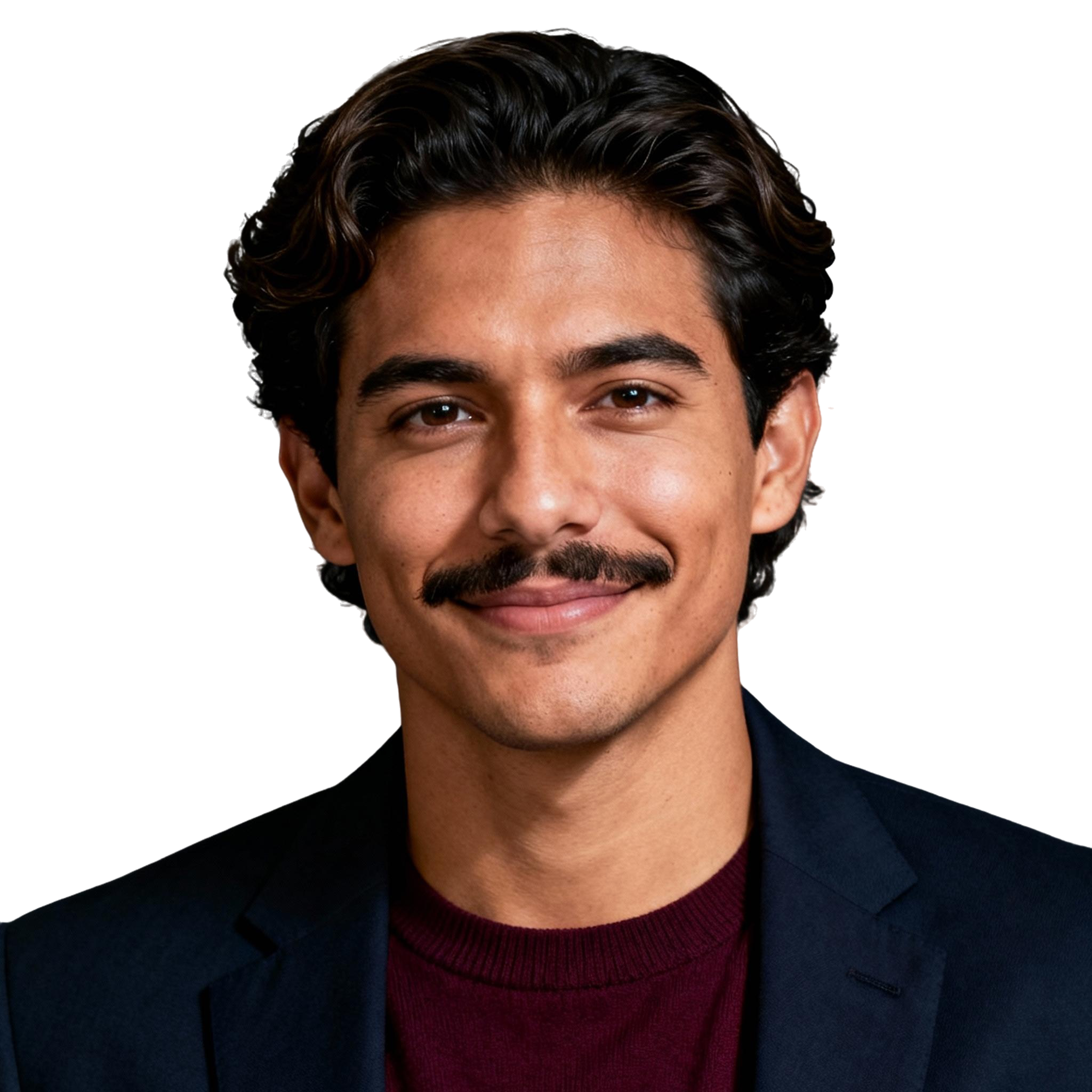 AI-generated portrait of a young man with wavy dark hair and a mustache, wearing a blazer and casual shirt, posed with a slight smile against a transparent background in soft lighting.