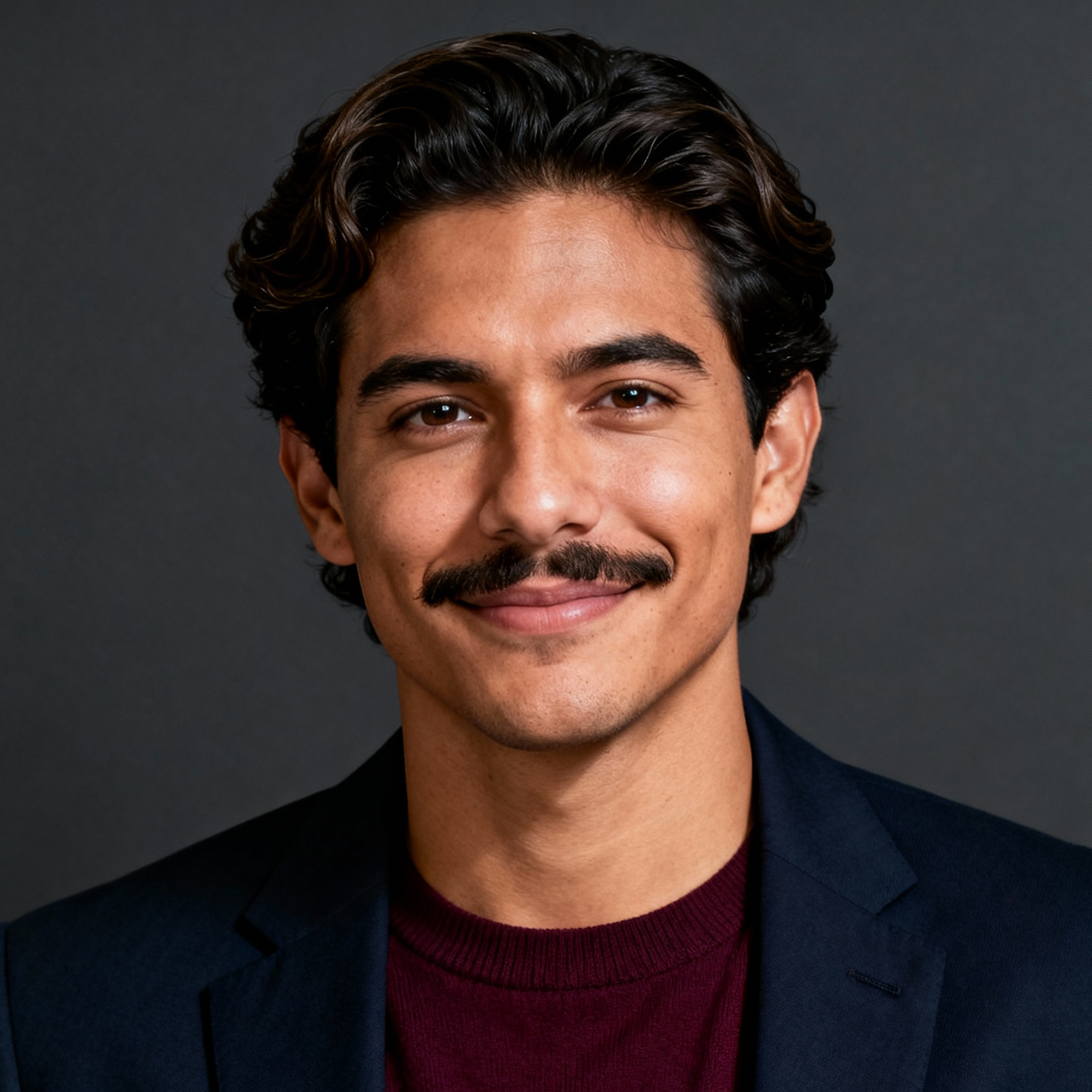 AI-generated portrait of a young man with wavy dark hair and a mustache, wearing a blazer and casual shirt, posed with a slight smile against a dark gray background in soft lighting.