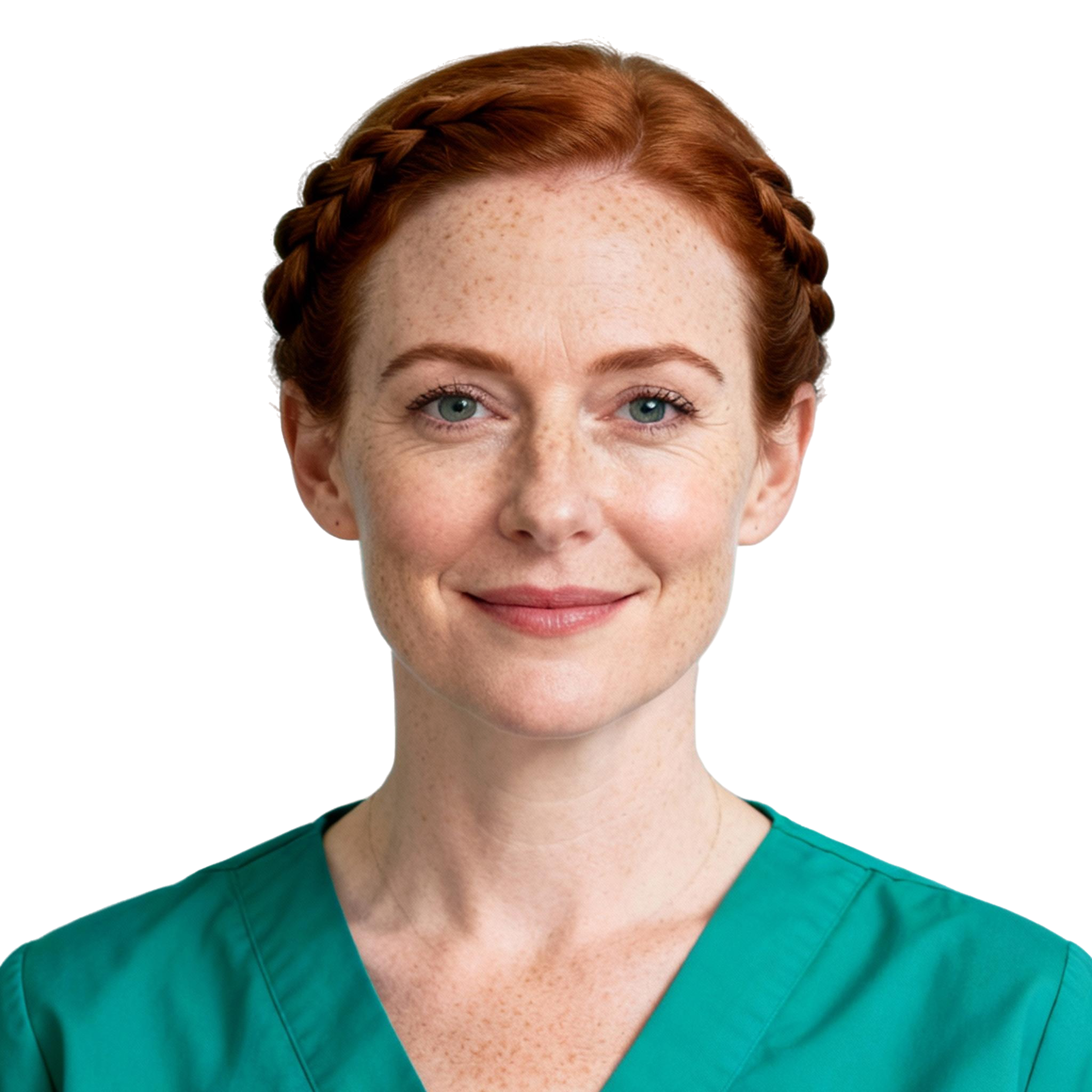 AI-generated portrait of a young woman with braided red hair and freckles, wearing a teal medical-style top, posed with a gentle expression against a transparent background in clean lighting.