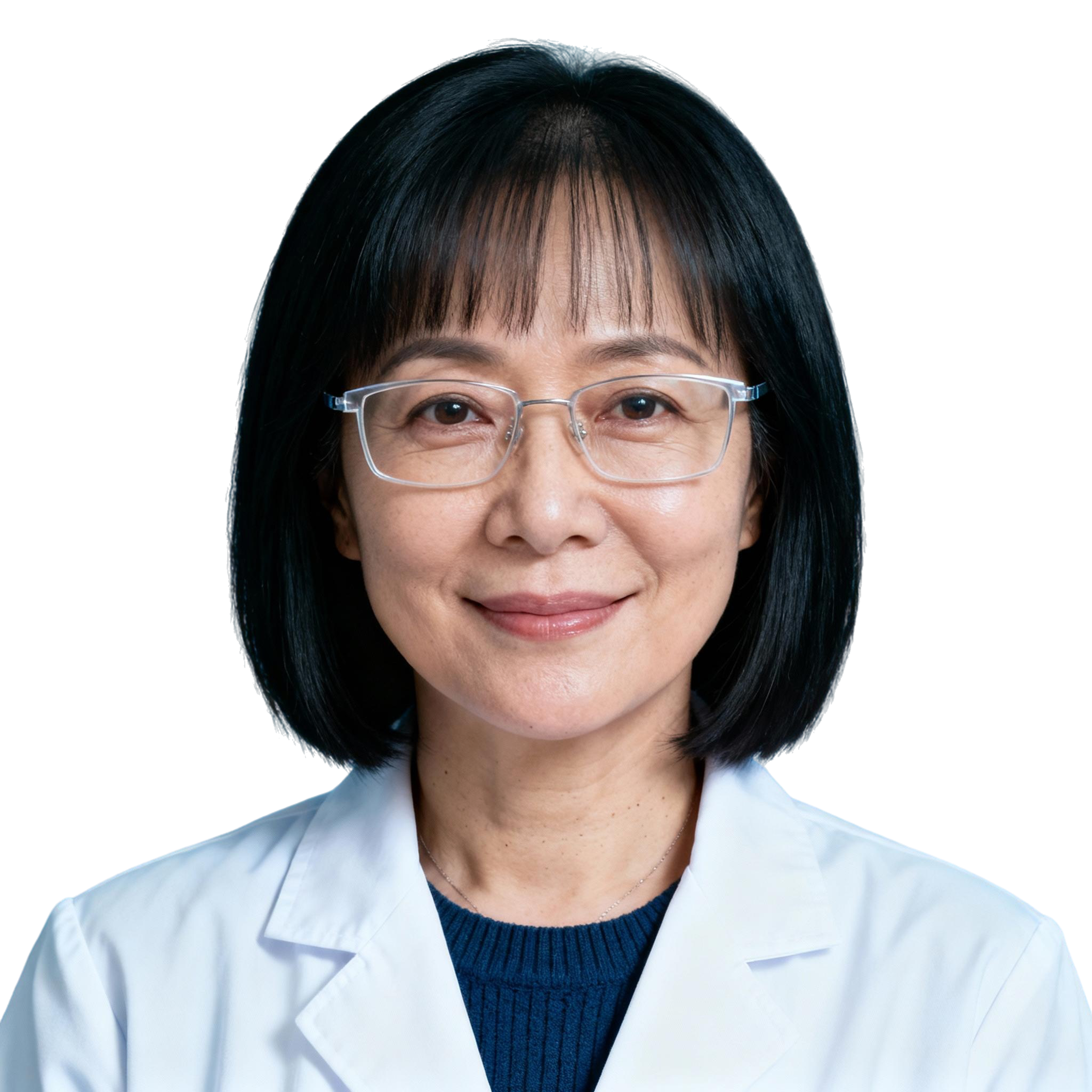 AI-generated portrait of a middle-aged woman with a short bob haircut and glasses, wearing a white lab coat, posed with a composed expression against a transparent background in soft lighting.