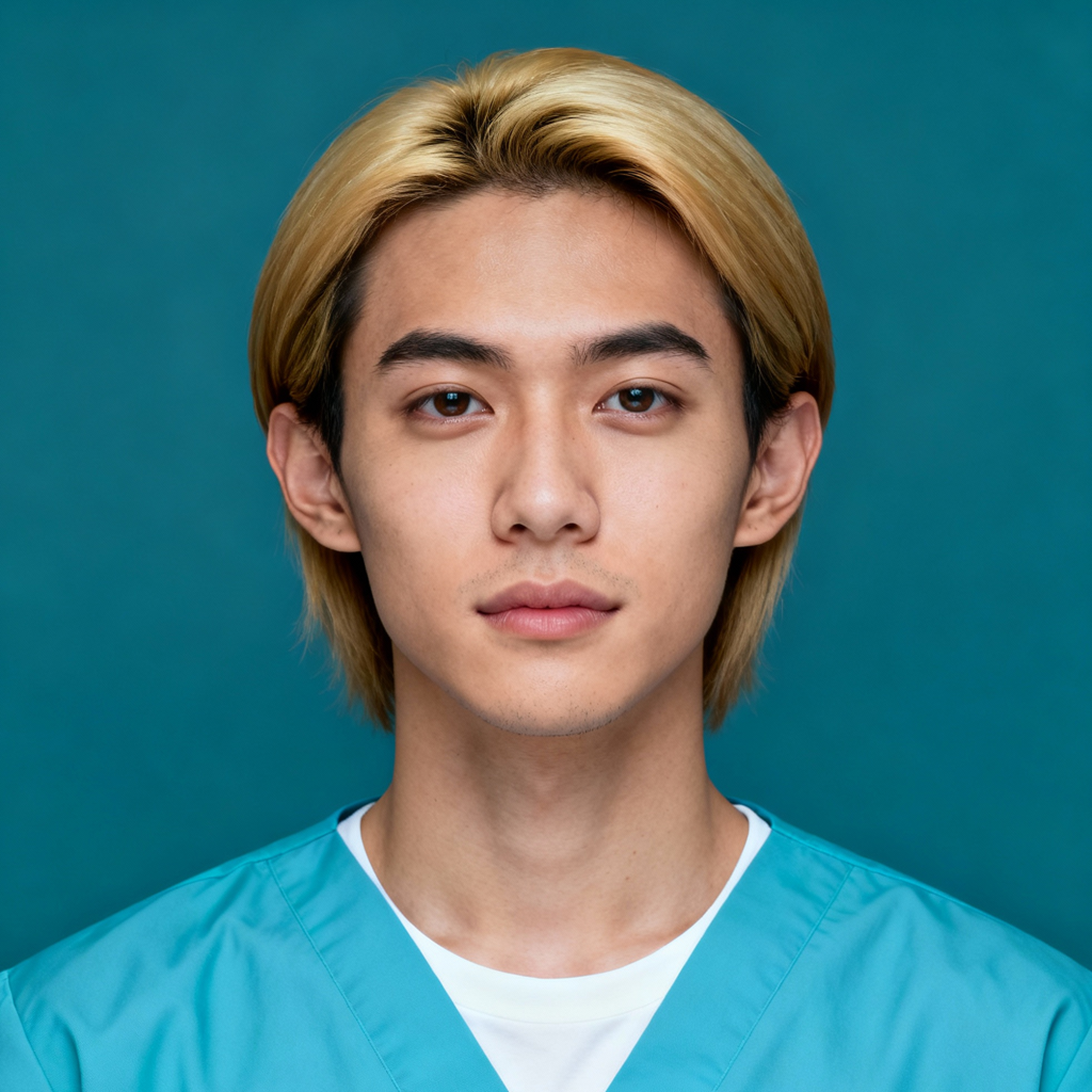 AI-generated portrait of a young man with medium-length blond hair, wearing teal medical scrubs, posed with a neutral expression against a teal background in even lighting.