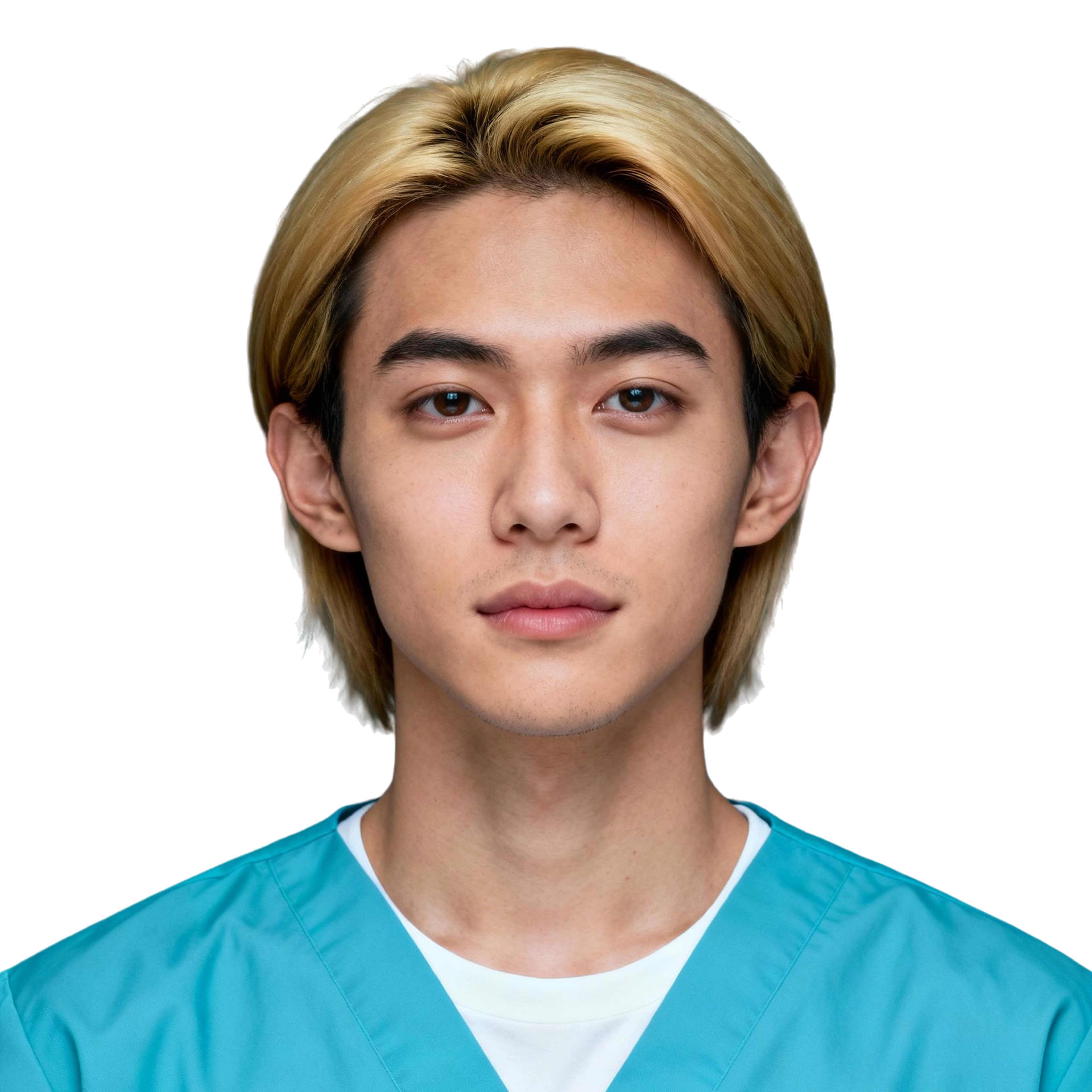 AI-generated portrait of a young man with medium-length blond hair, wearing teal medical scrubs, posed with a neutral expression against a transparent background in even lighting.