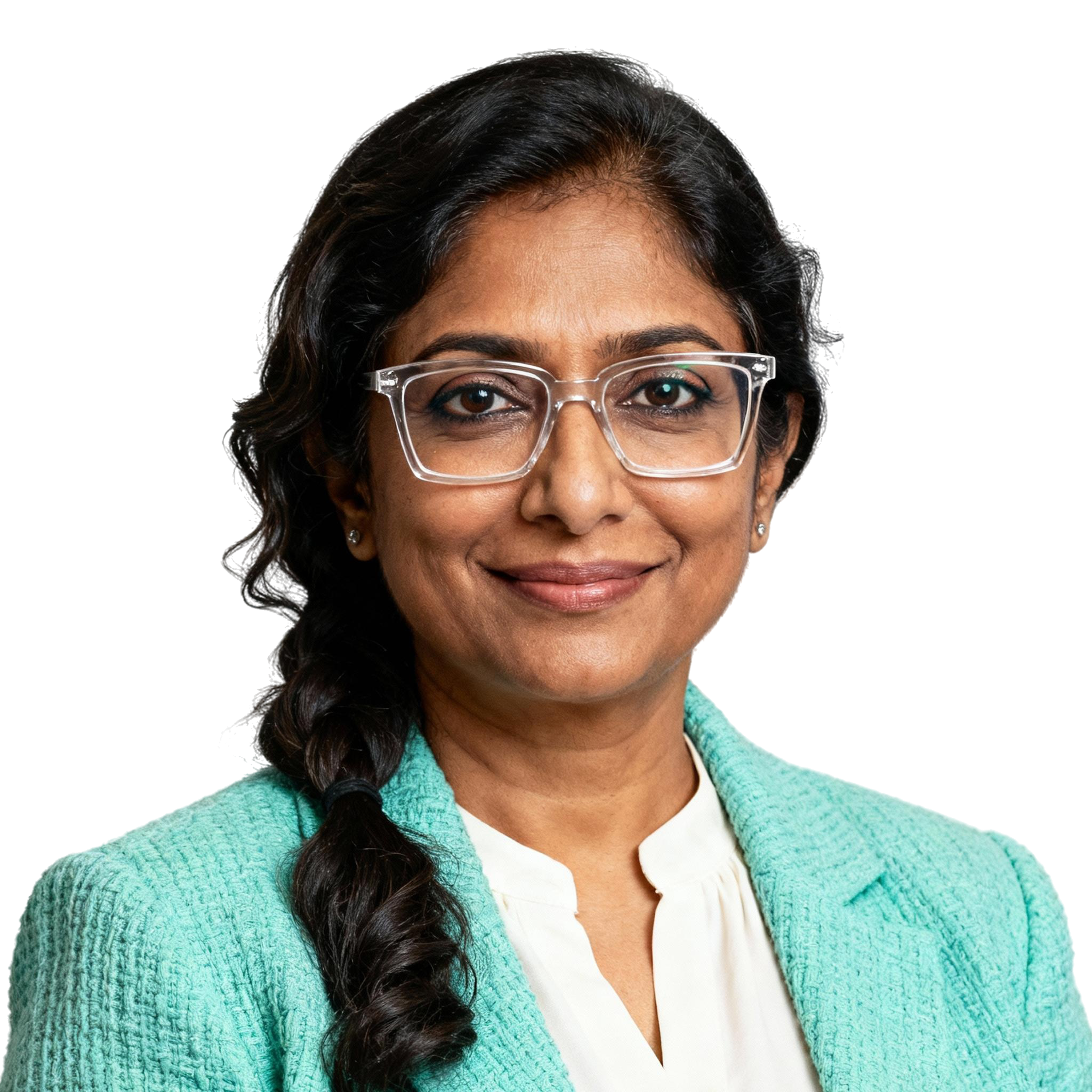 AI-generated portrait of a middle-aged woman with long dark hair and glasses, wearing a textured teal jacket and white blouse, posed with a warm expression against a transparent background in soft lighting.