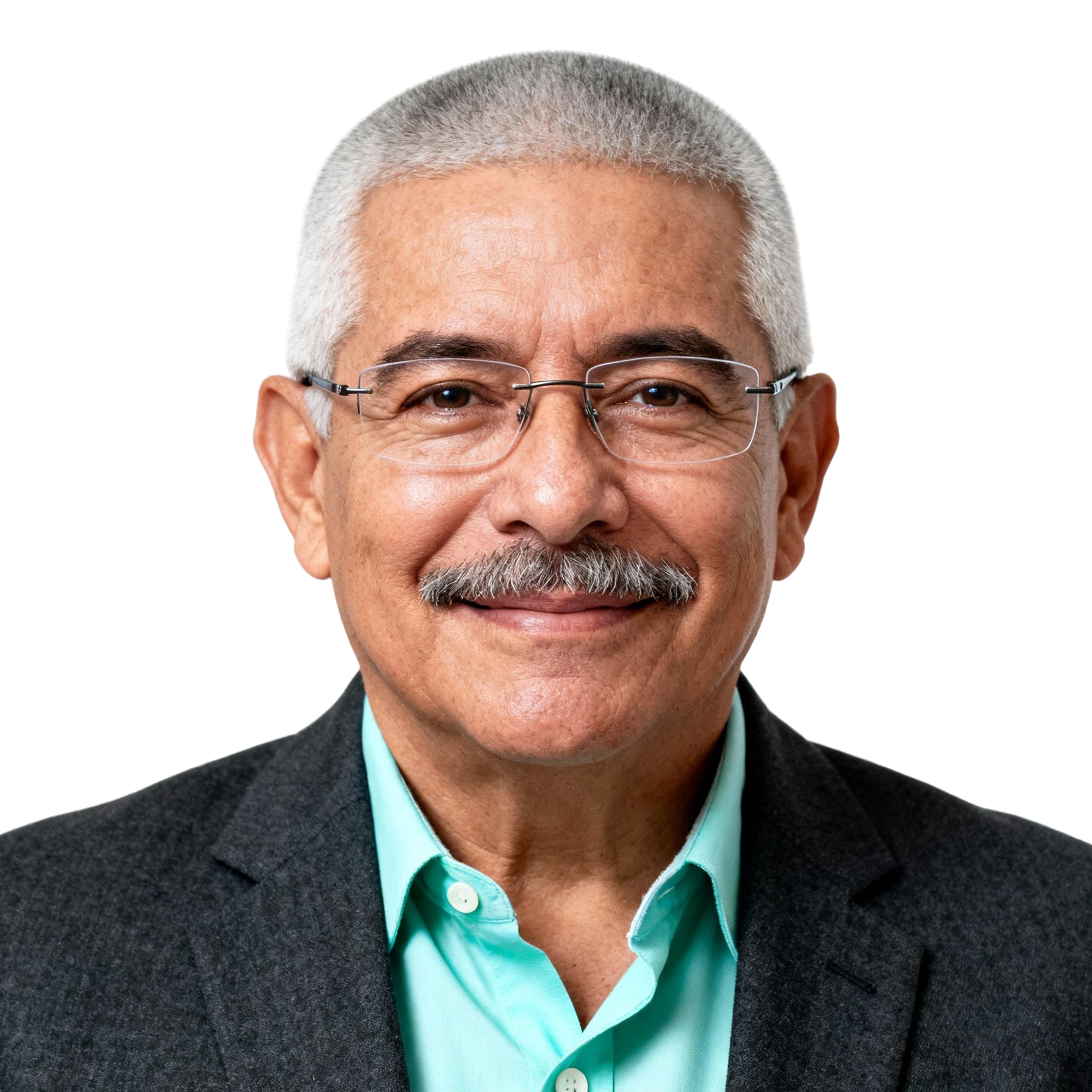 AI-generated portrait of a middle-aged man with short gray hair, a mustache, and glasses, wearing a teal button-up shirt and dark blazer, posed with a gentle smile against a transparent background in clean lighting.