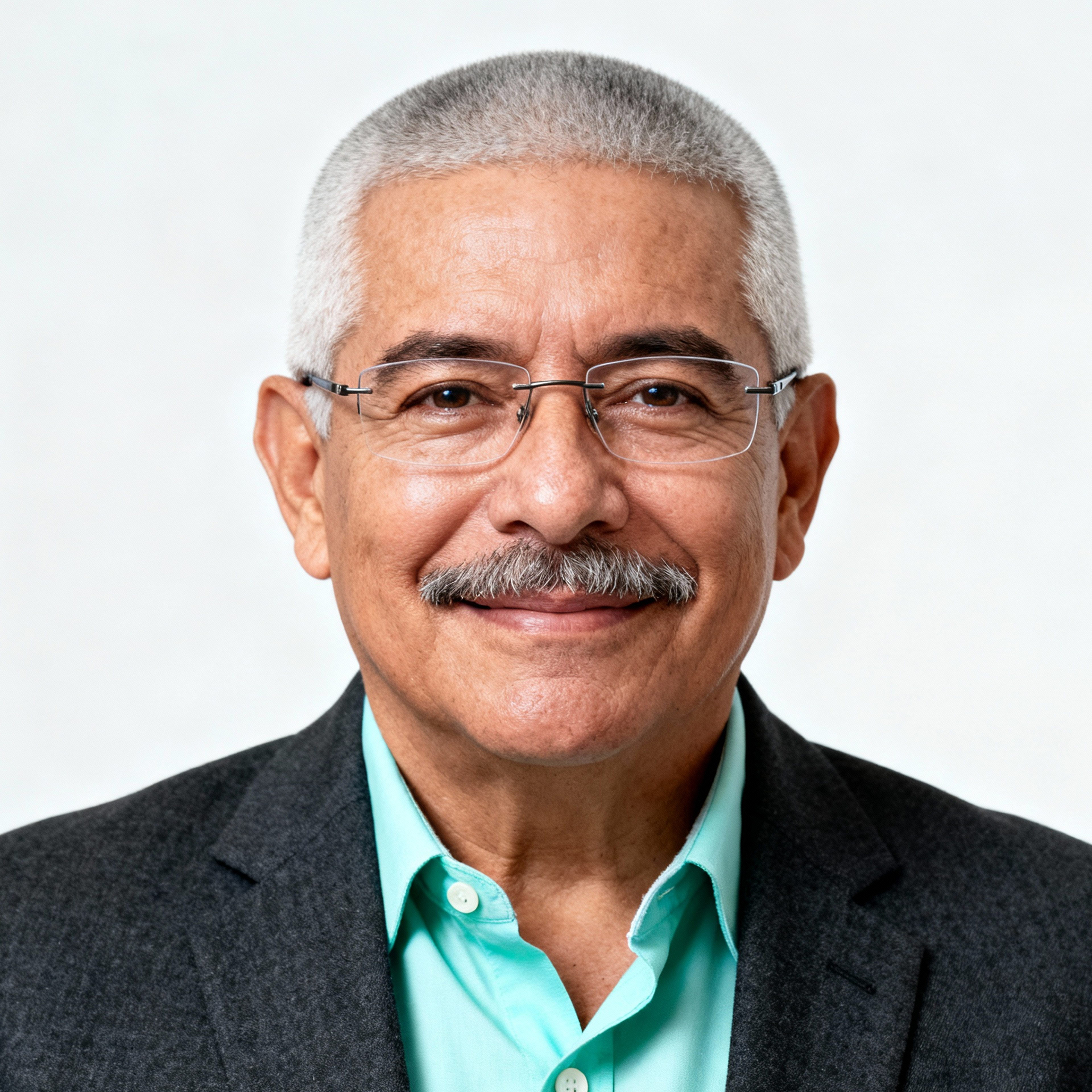 AI-generated portrait of a middle-aged man with short gray hair, a mustache, and glasses, wearing a teal button-up shirt and dark blazer, posed with a gentle smile against a light neutral background in clean lighting.