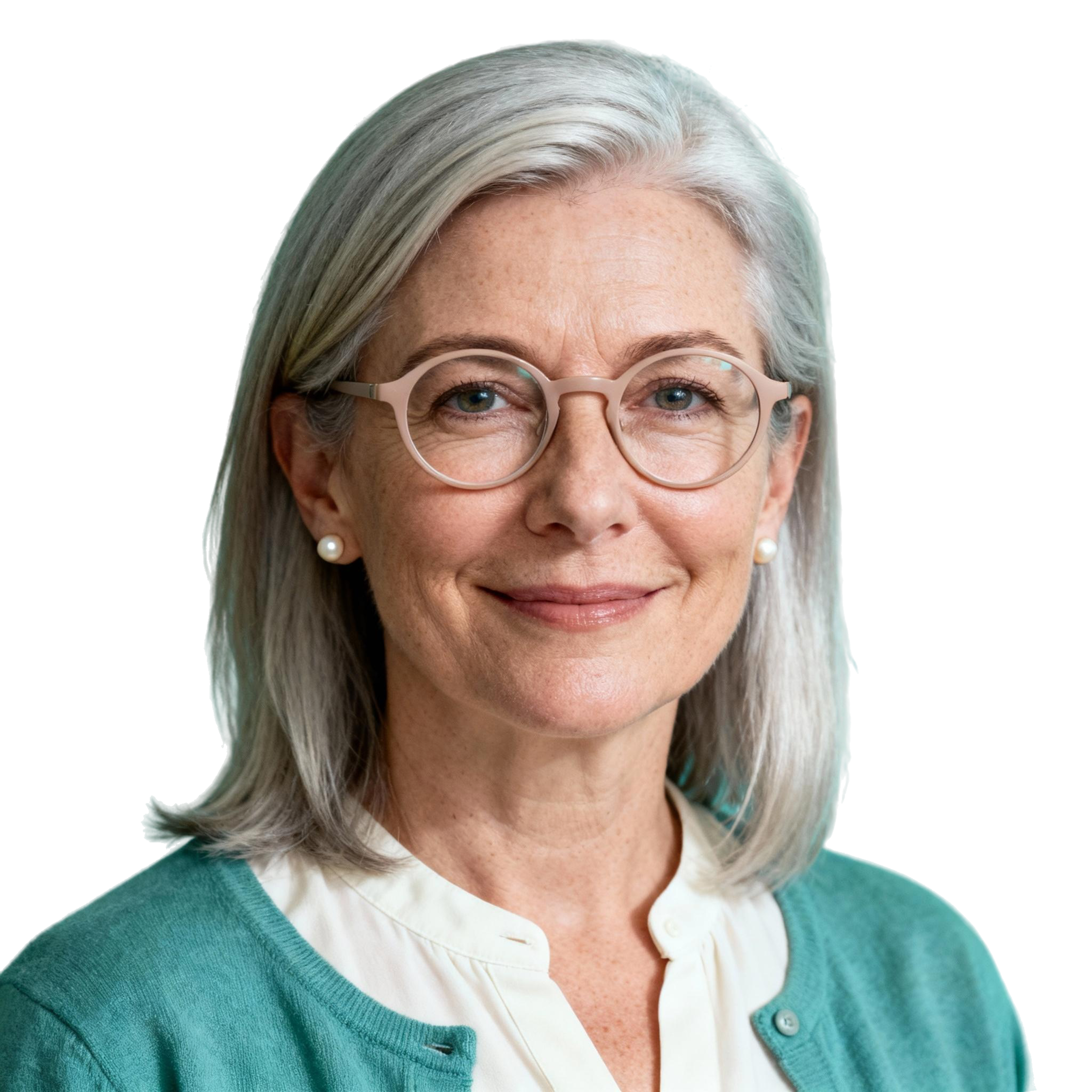 AI-generated portrait of a middle-aged woman with shoulder-length gray hair and round glasses, wearing a light blouse and green cardigan, posed with a gentle smile against a transparent background in diffused lighting.