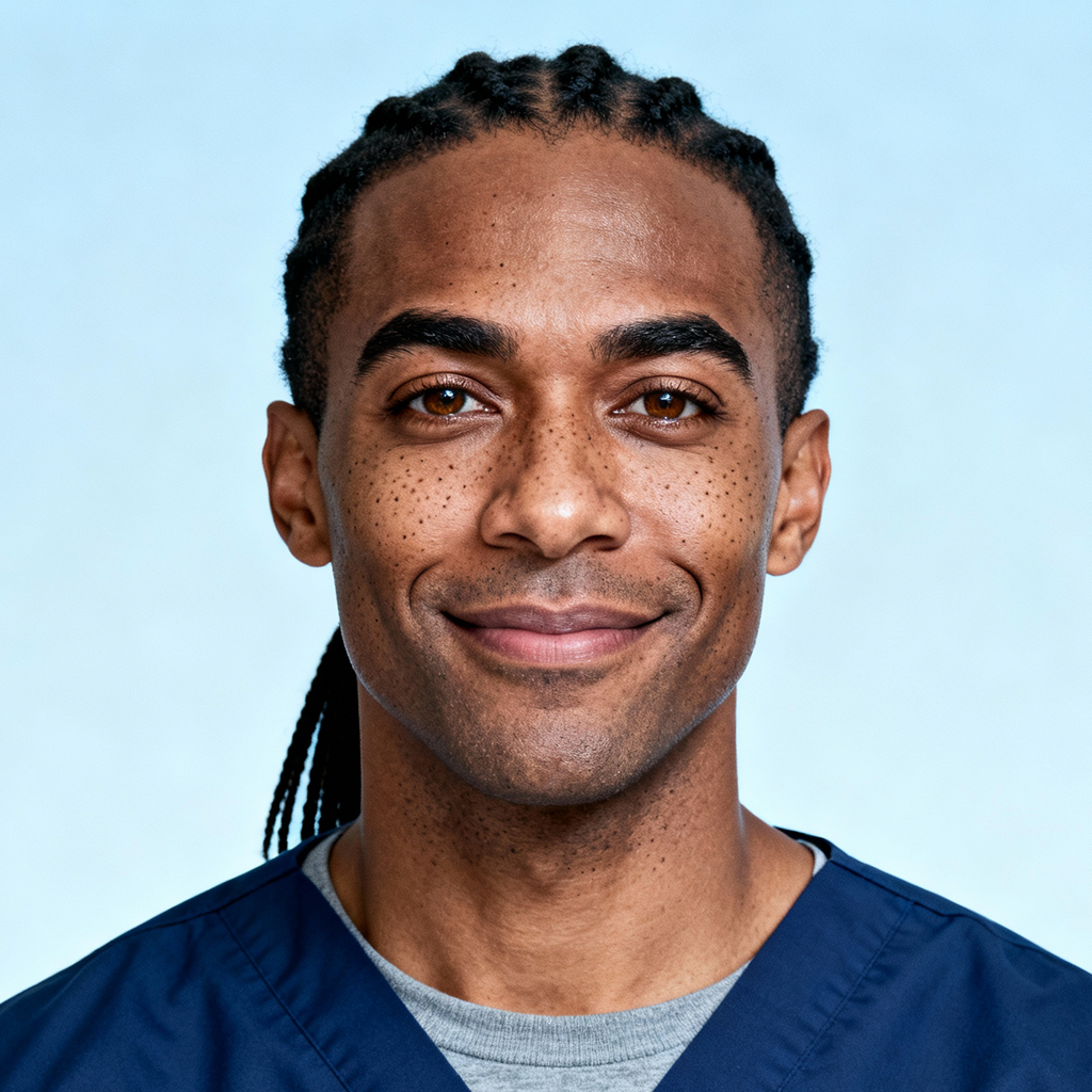 AI-generated portrait of a young man with short braids and freckles, wearing a navy medical-style top, posed with a soft smile against a light blue background in clean lighting.