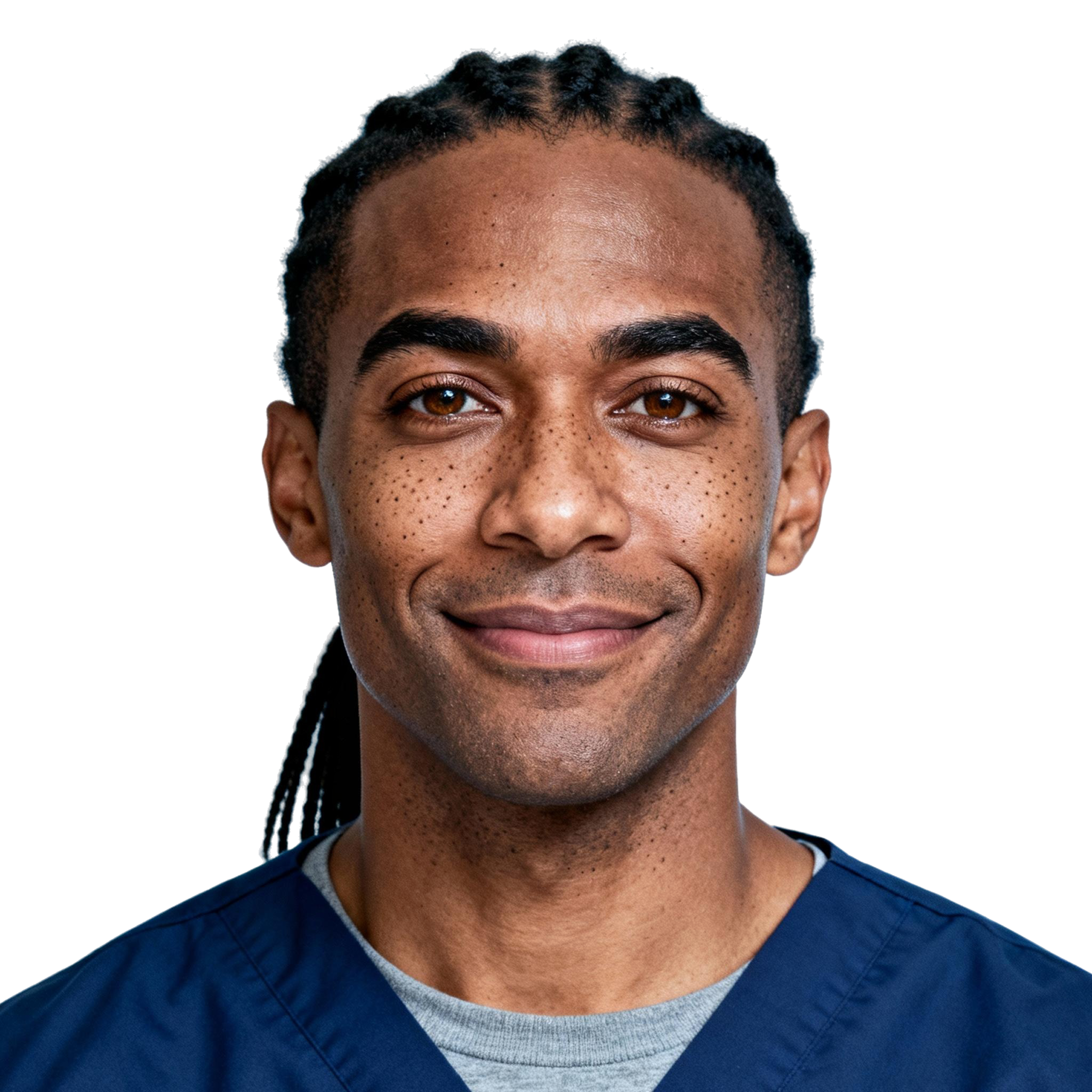 AI-generated portrait of a young man with short braids and freckles, wearing a navy medical-style top, posed with a soft smile against a transparent background in clean lighting.