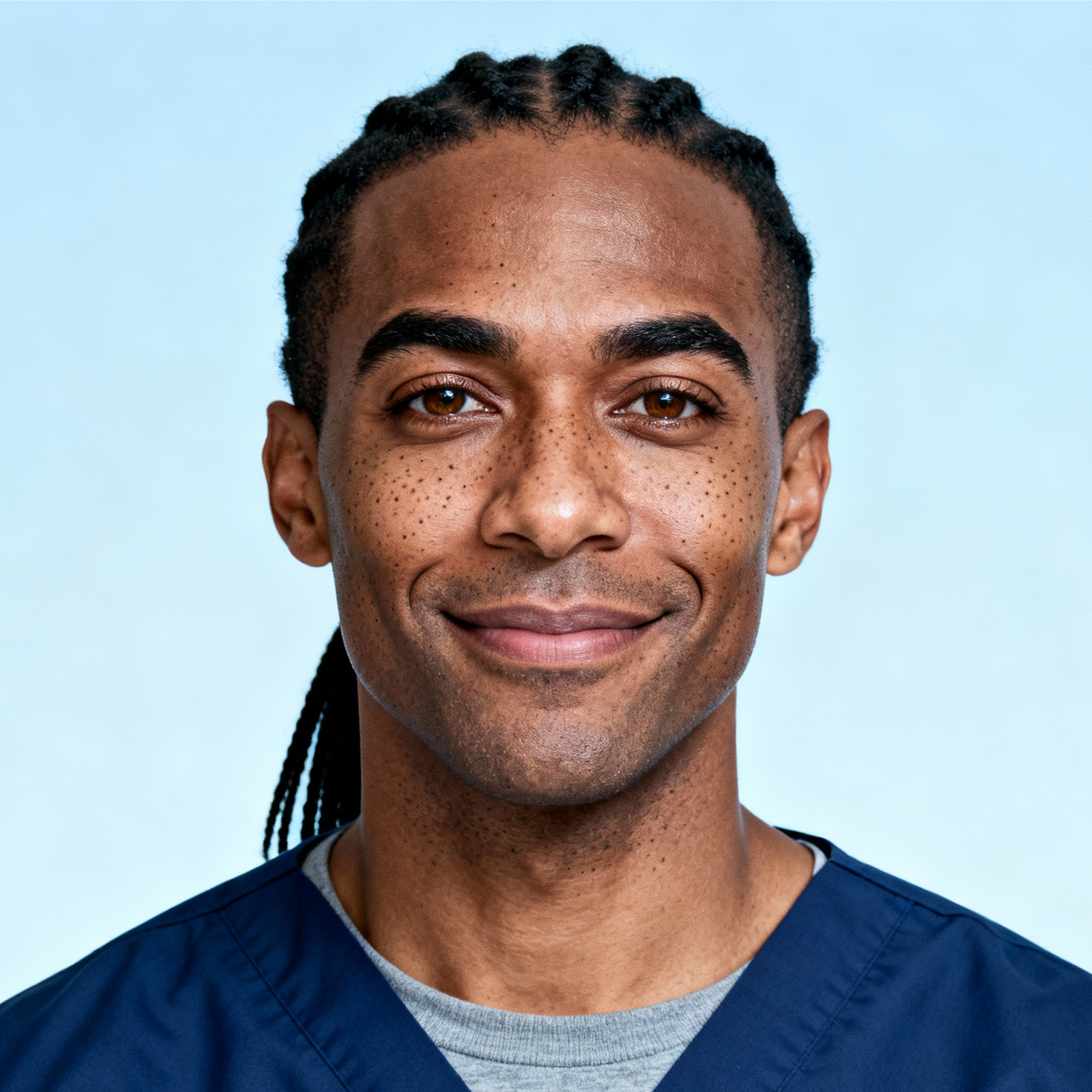 AI-generated portrait of a young man with short braids and freckles, wearing a navy medical-style top, posed with a soft smile against a light blue background in clean lighting.