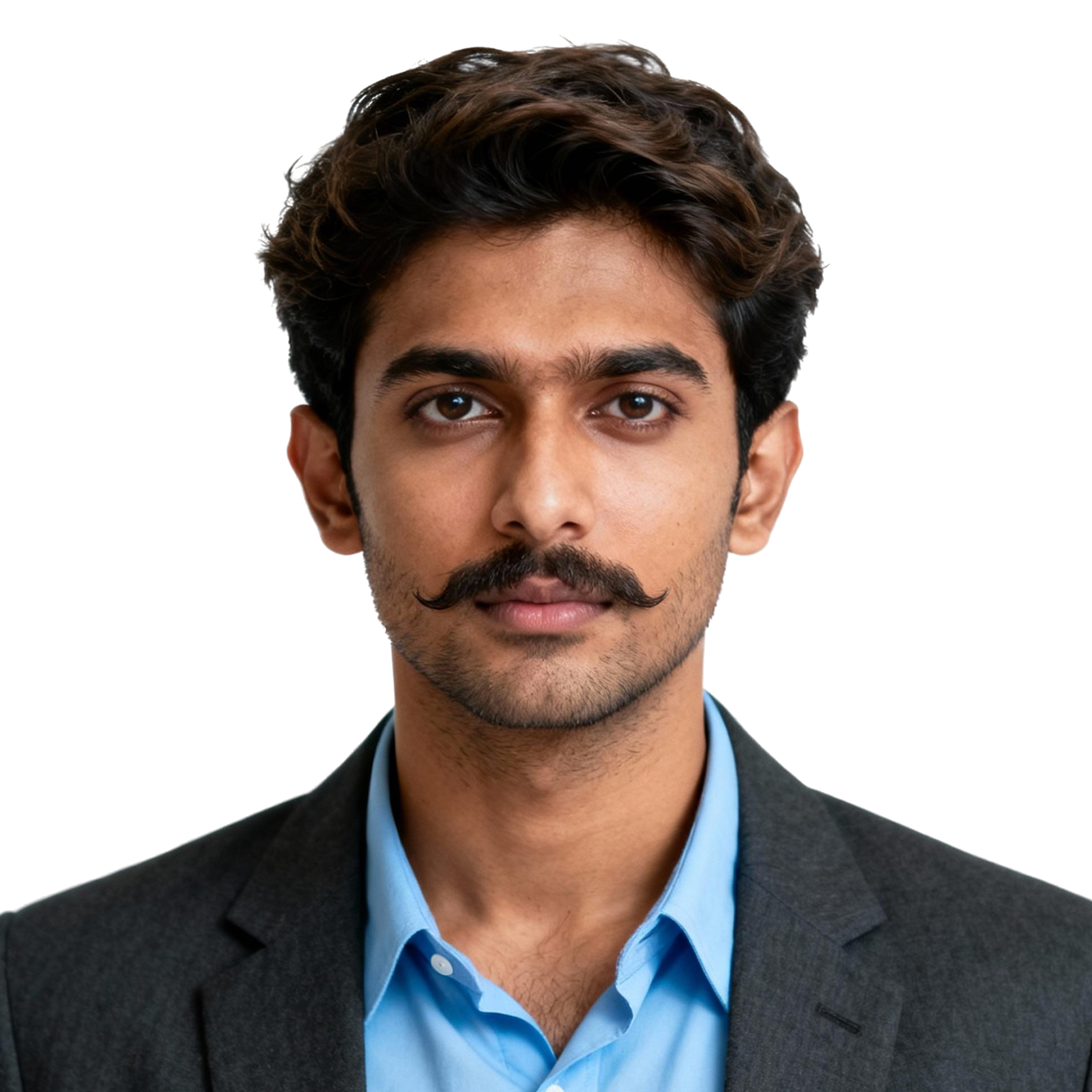 AI-generated portrait of a young man with wavy dark hair and a mustache, wearing a blue collared shirt and dark blazer, posed with a neutral expression against a transparent background in clean lighting.