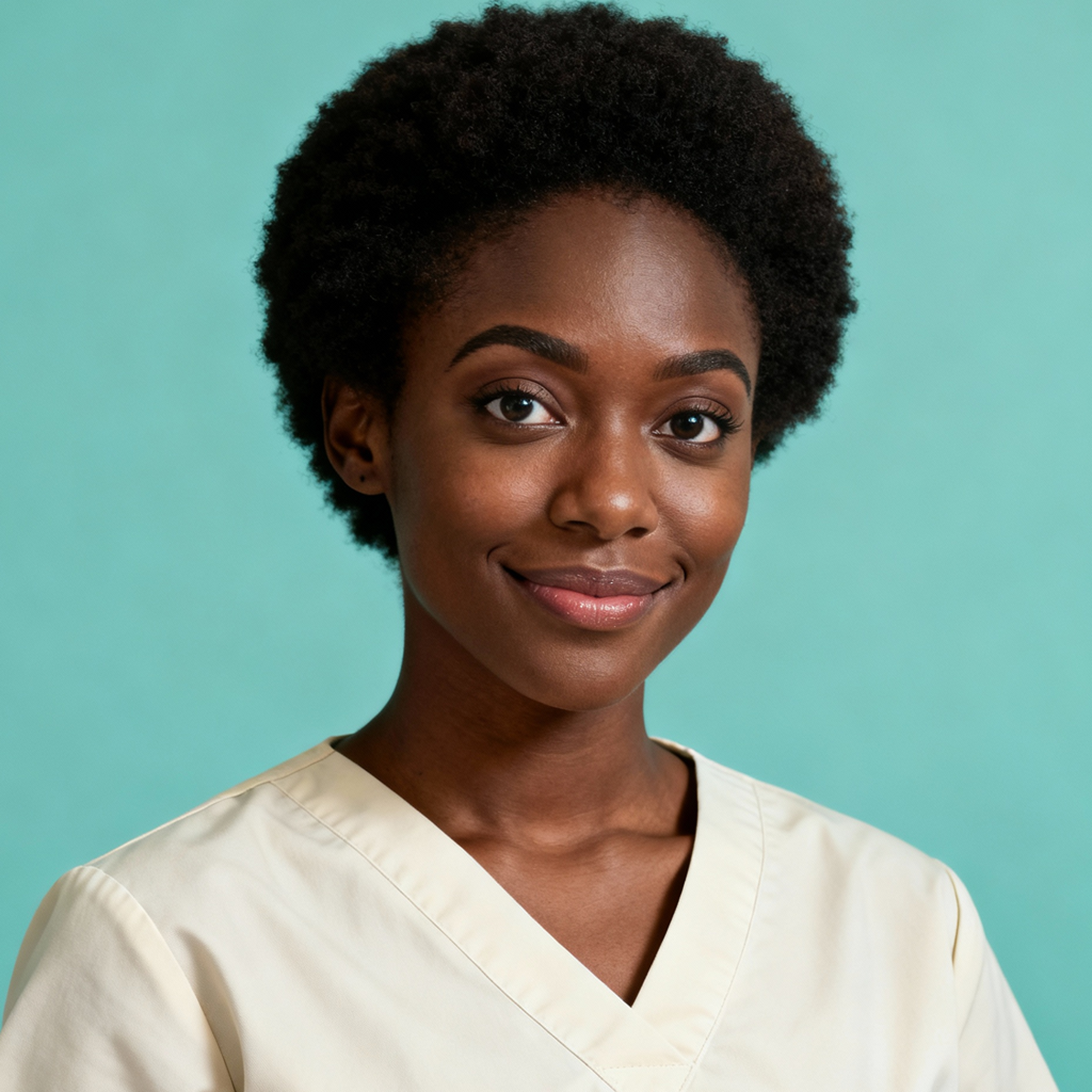 AI-generated portrait of a young woman with short natural hair, wearing a light medical-style top, posed with a gentle smile against a soft teal background in diffused lighting.