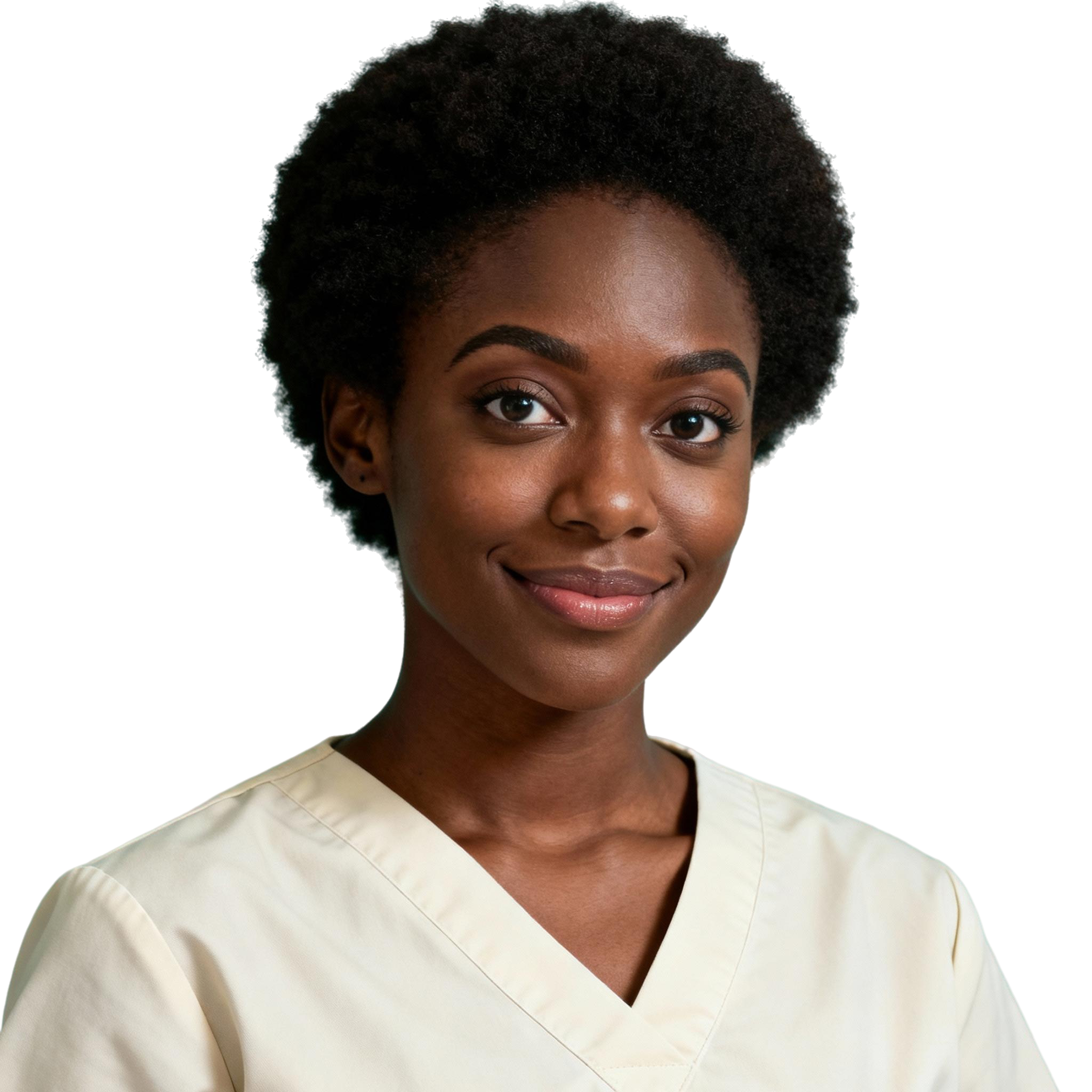 AI-generated portrait of a young woman with short natural hair, wearing a light medical-style top, posed with a gentle smile against a transparent background in diffused lighting.