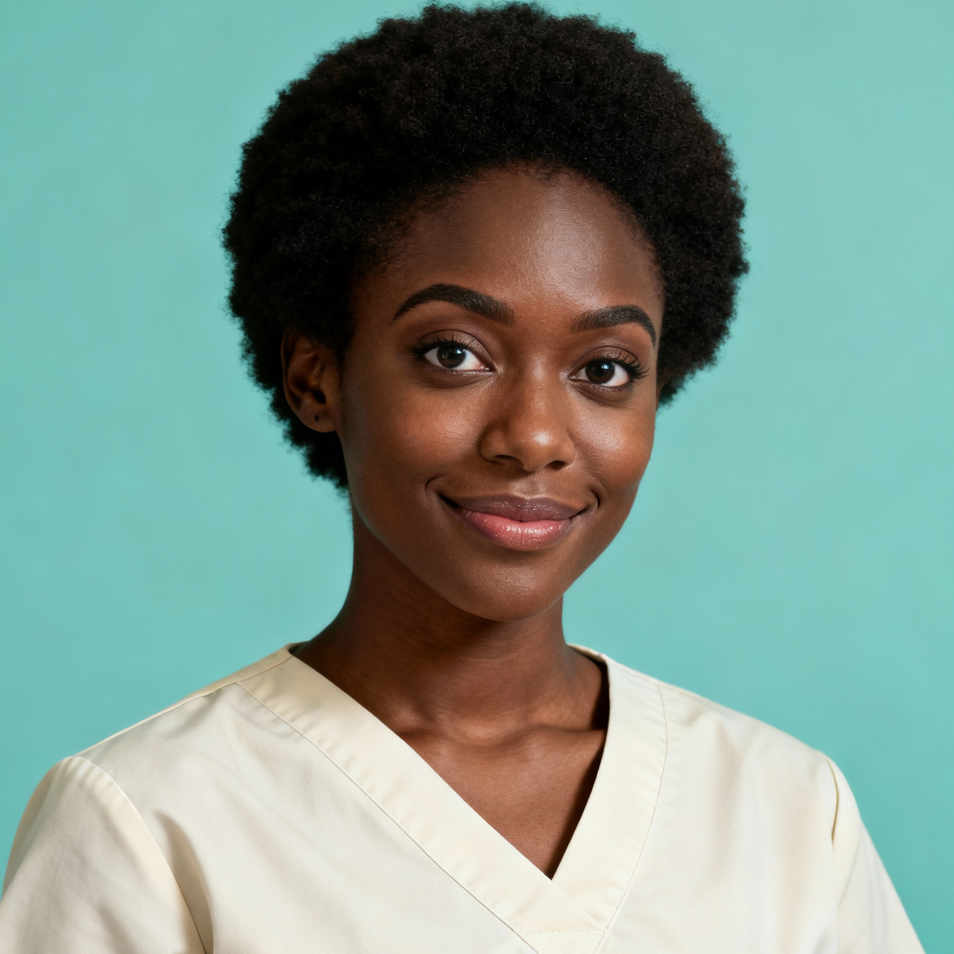 AI-generated portrait of a young woman with short natural hair, wearing a light medical-style top, posed with a gentle smile against a soft teal background in diffused lighting.