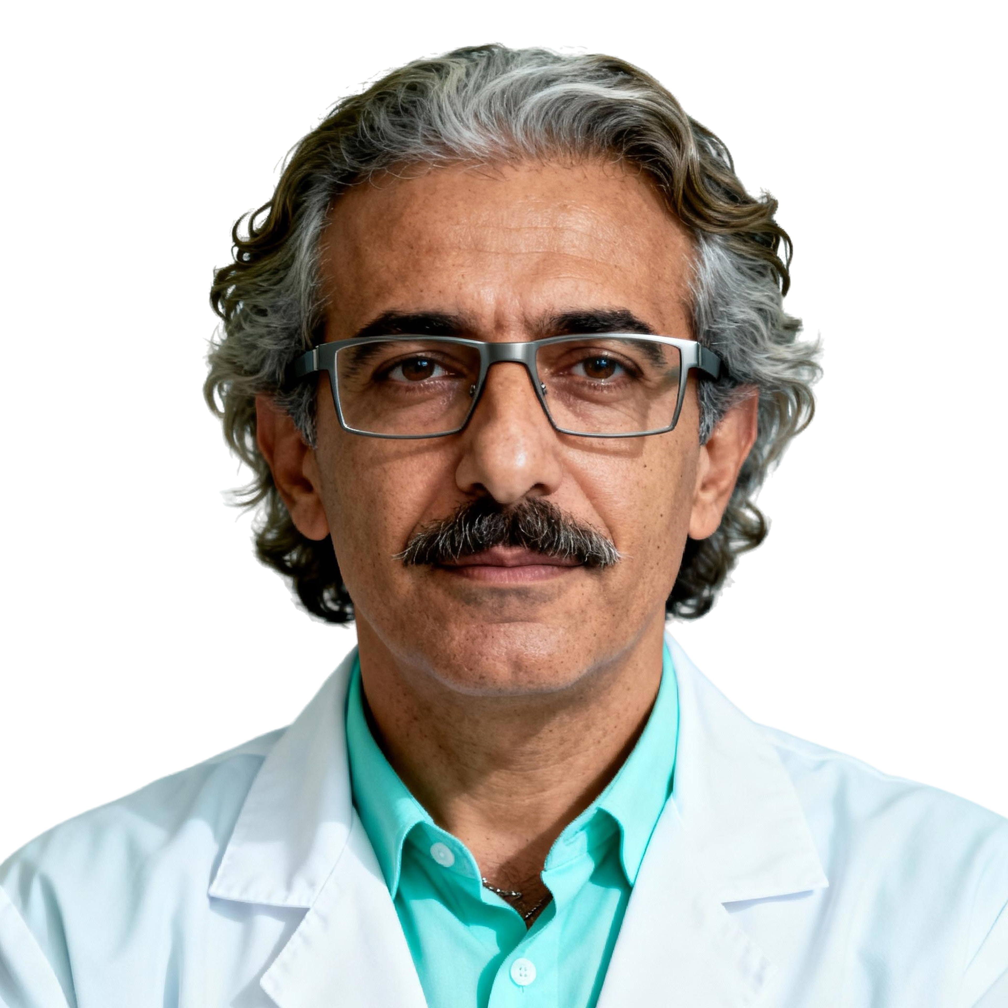 AI-generated portrait of a middle-aged man with wavy gray hair, glasses, and a mustache, wearing a white lab coat over a teal shirt, posed with a neutral expression against a transparent background in clean lighting.