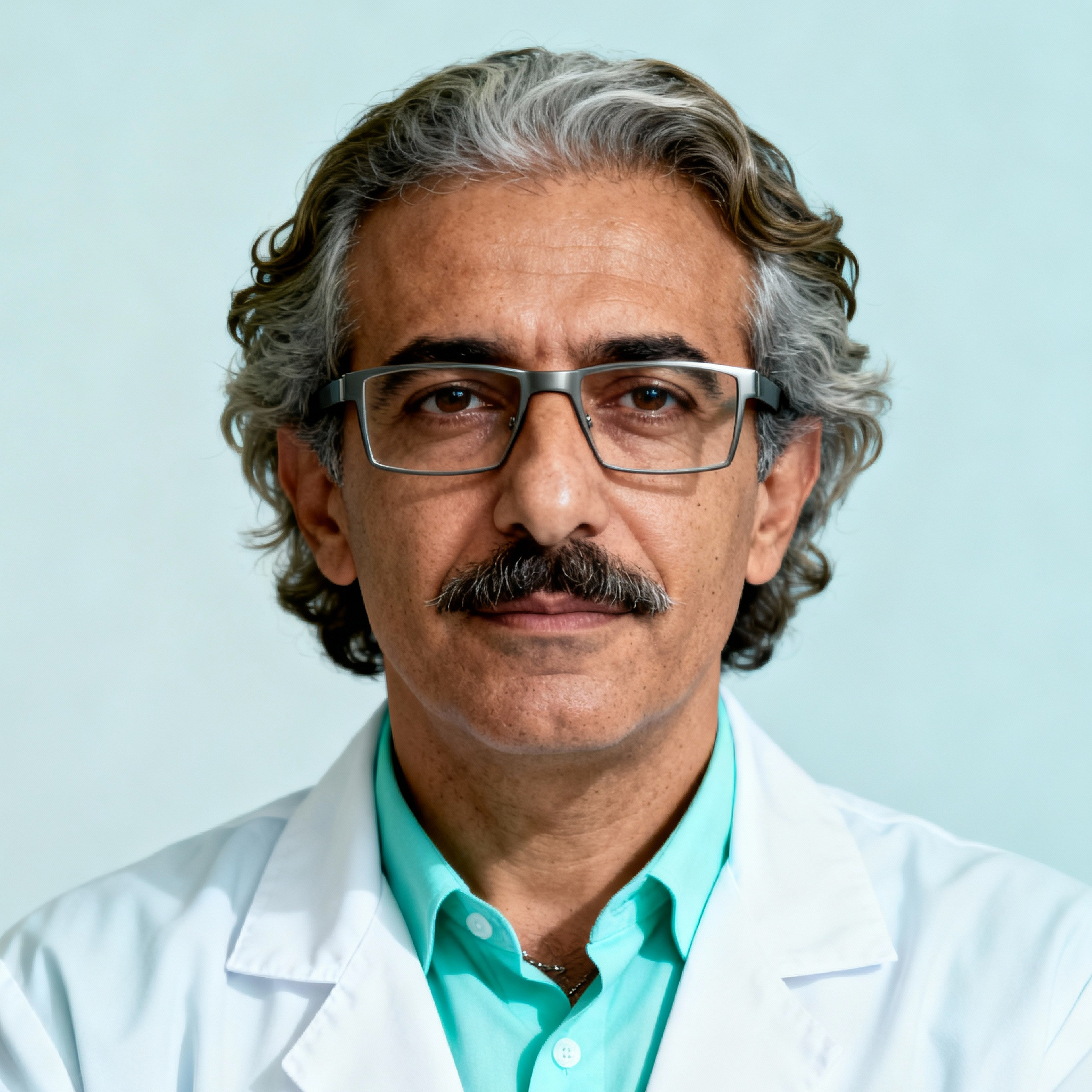 AI-generated portrait of a middle-aged man with wavy gray hair, glasses, and a mustache, wearing a white lab coat over a teal shirt, posed with a neutral expression against a soft blue background in clean lighting.