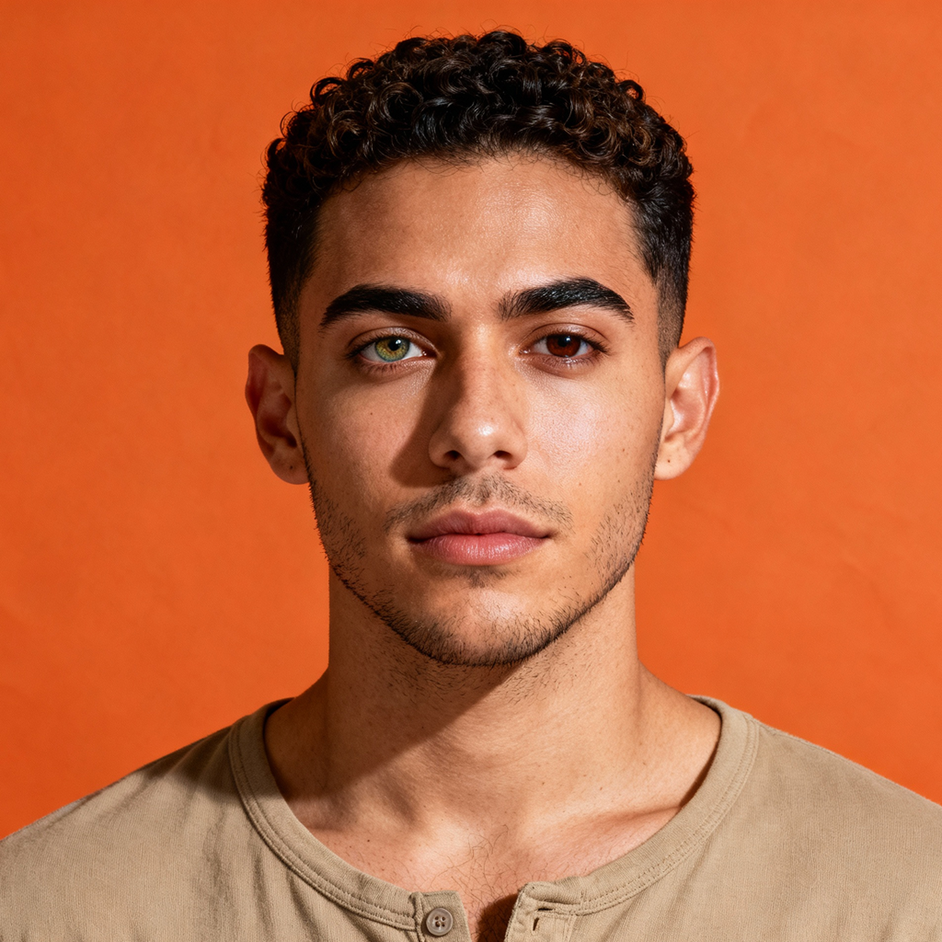 AI-generated portrait of a young man with short curly hair and light facial hair, wearing a casual neutral shirt, posed with a calm expression against a warm orange background in even studio lighting.