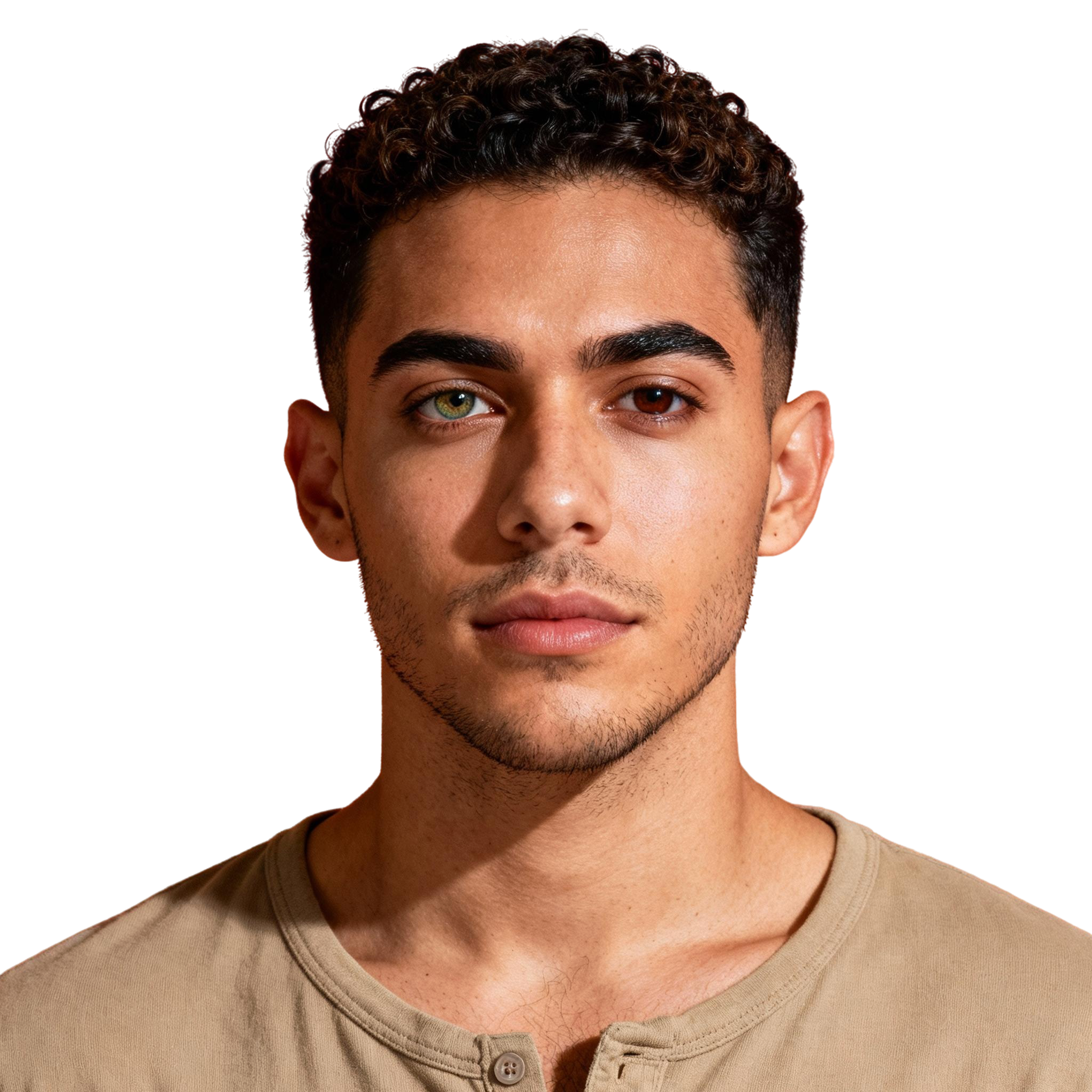 AI-generated portrait of a young man with short curly hair and light facial hair, wearing a casual neutral shirt, posed with a calm expression against a transparent background in even studio lighting.