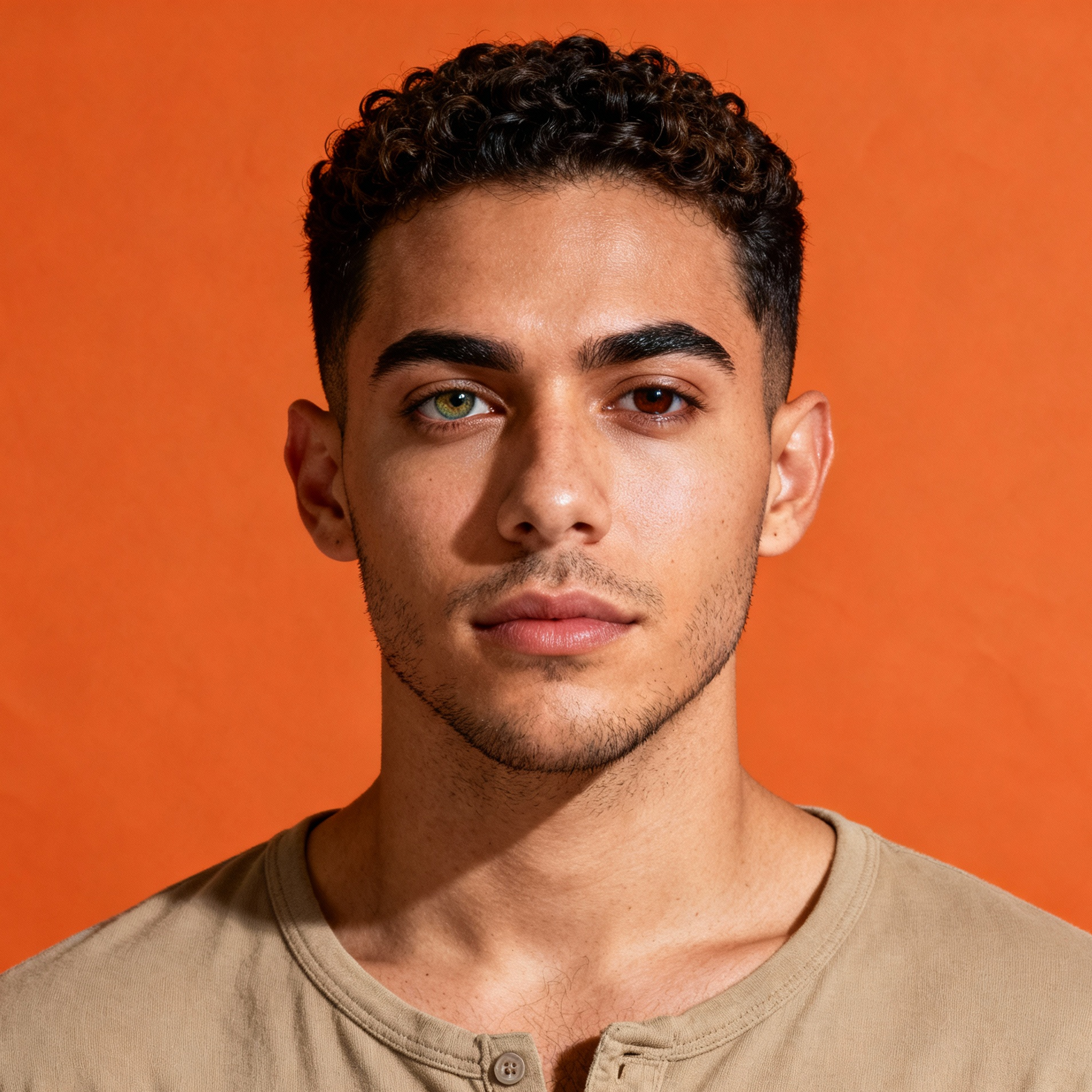 AI-generated portrait of a young man with short curly hair and light facial hair, wearing a casual neutral shirt, posed with a calm expression against a warm orange background in even studio lighting.