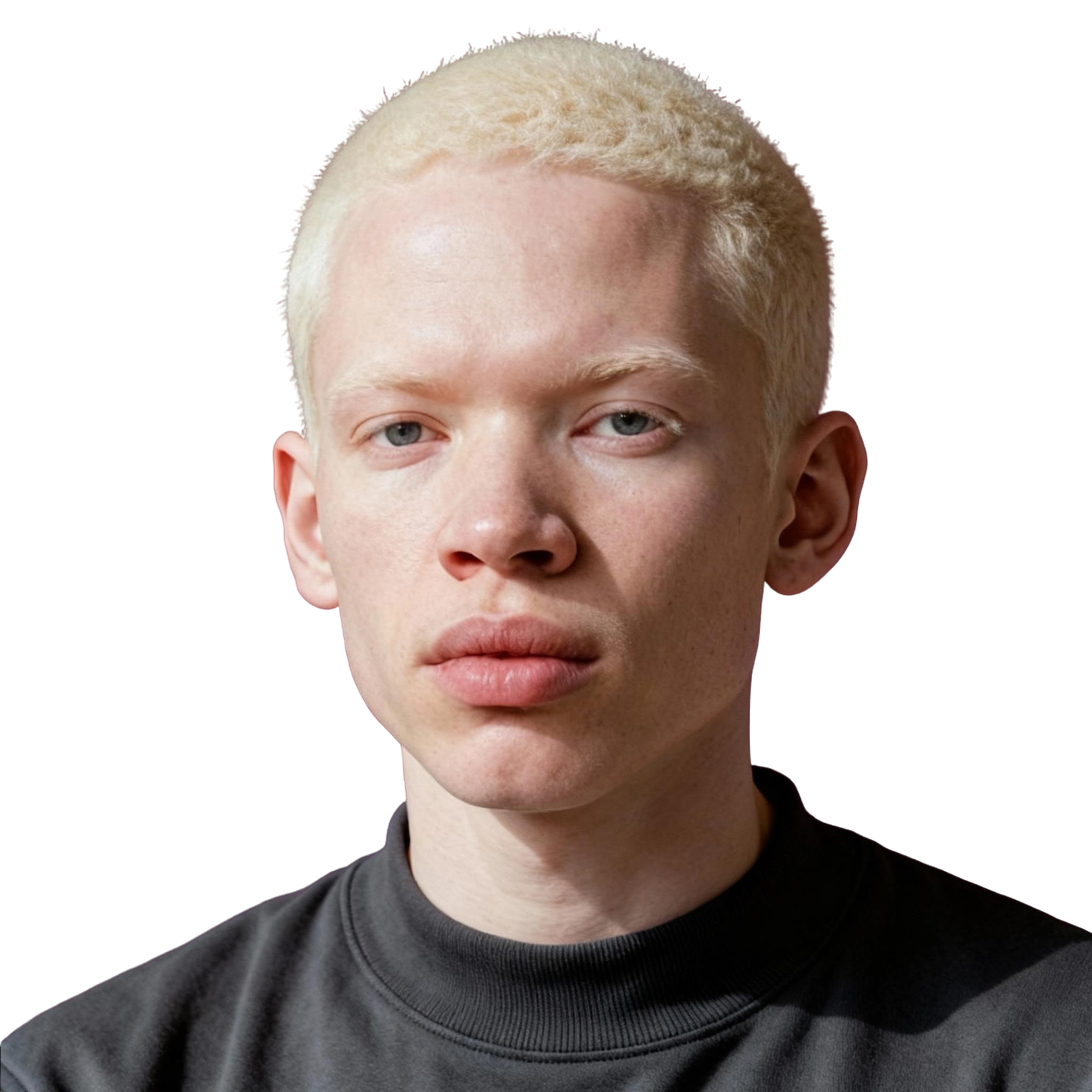 AI-generated portrait of a young person with very short light hair and smooth features, wearing a dark crewneck top, posed with a neutral expression against a transparent background in balanced studio lighting.