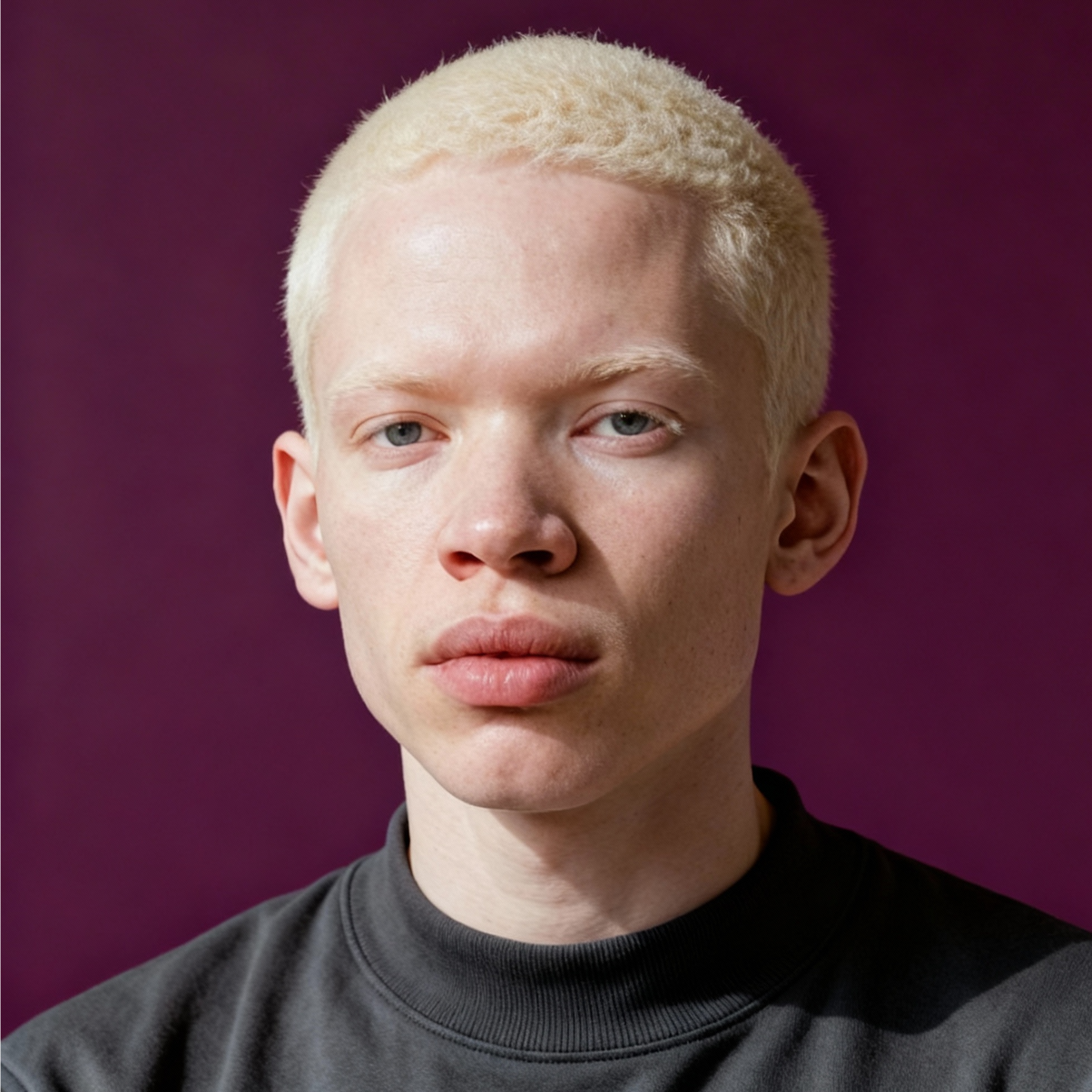 AI-generated portrait of a young person with very short light hair and smooth features, wearing a dark crewneck top, posed with a neutral expression against a deep plum background in balanced studio lighting.