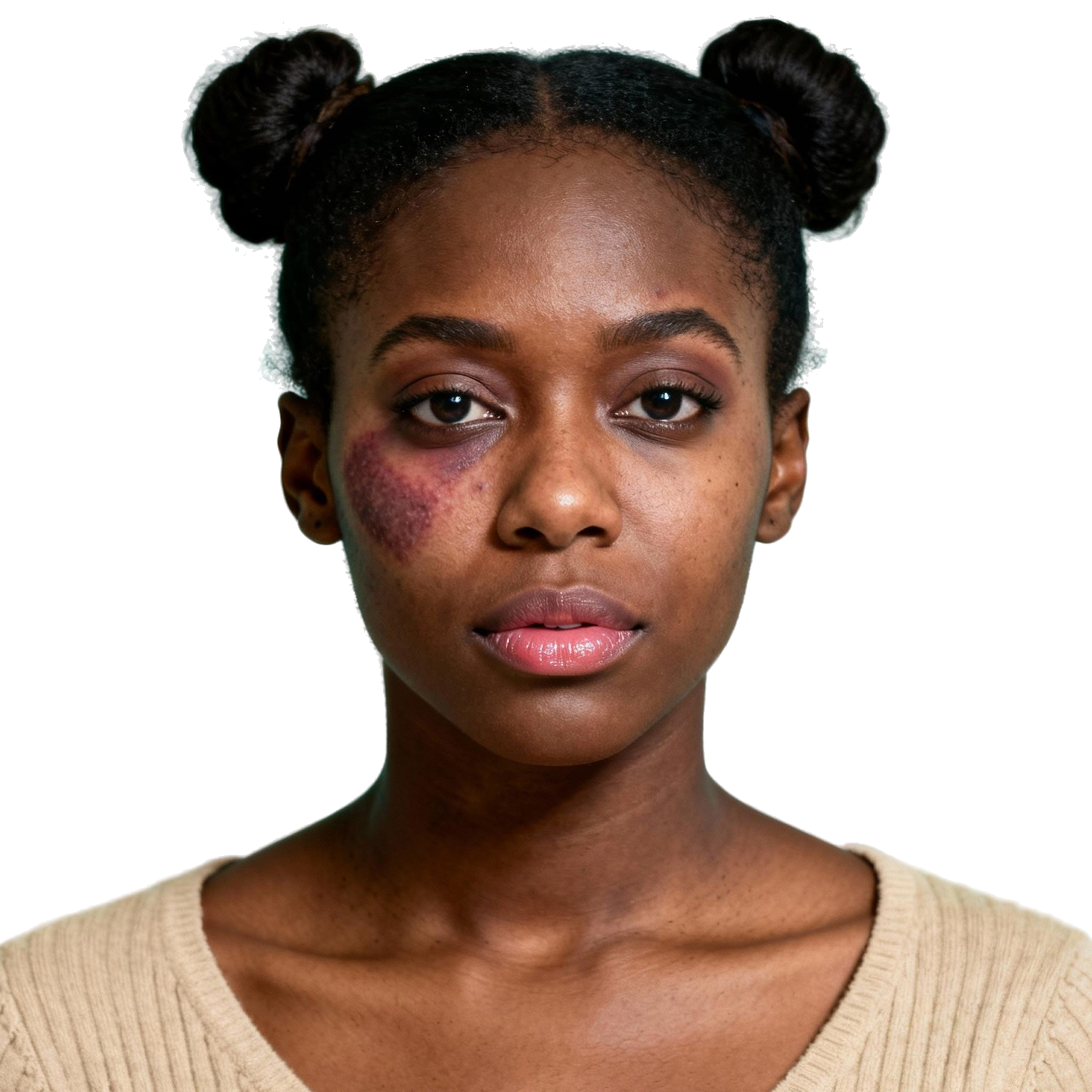 AI-generated portrait of a young woman with hair in two buns and natural facial features, wearing a light knit top, posed with a neutral expression against a transparent background in even studio lighting.