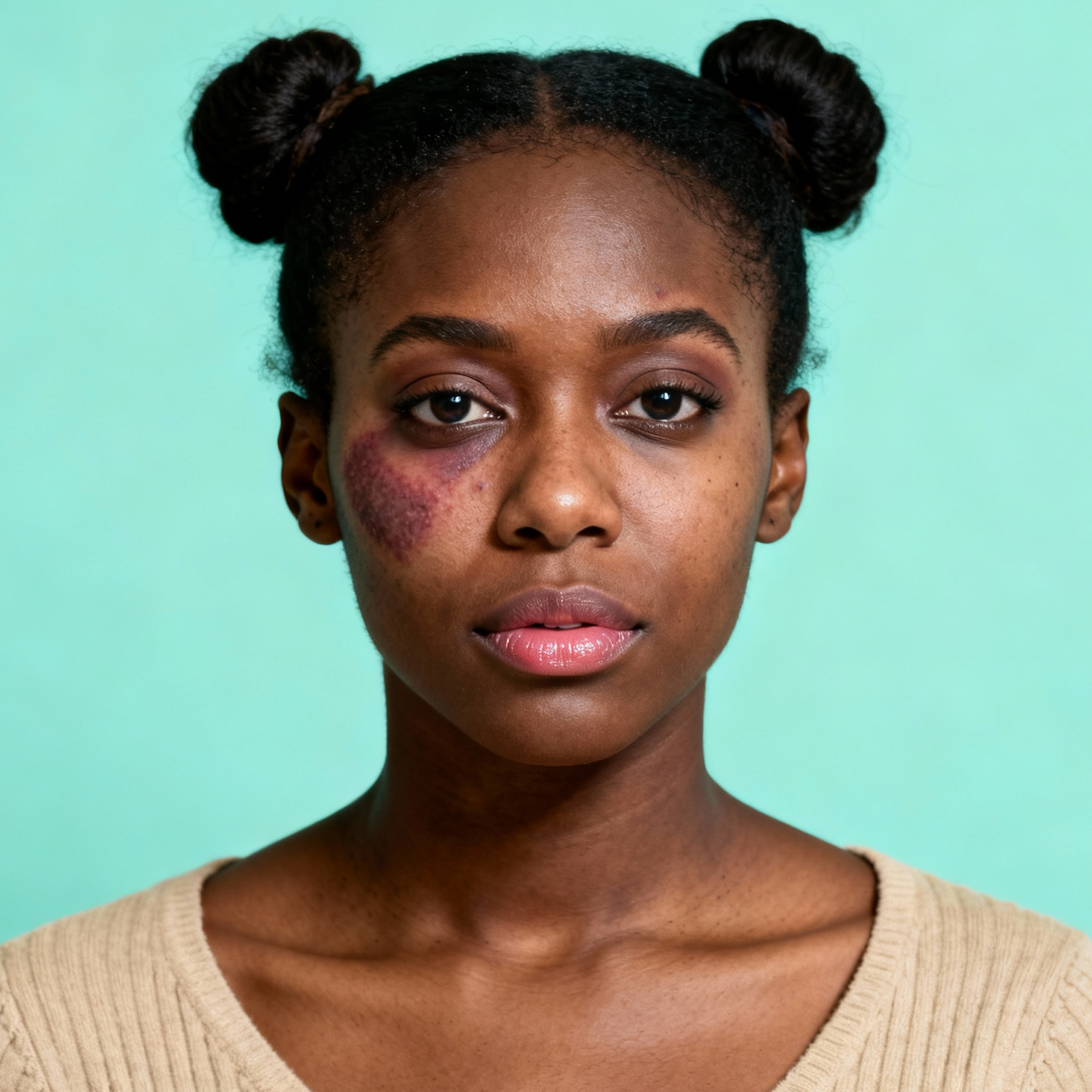 AI-generated portrait of a young woman with hair in two buns and natural facial features, wearing a light knit top, posed with a neutral expression against a soft teal background in even studio lighting.