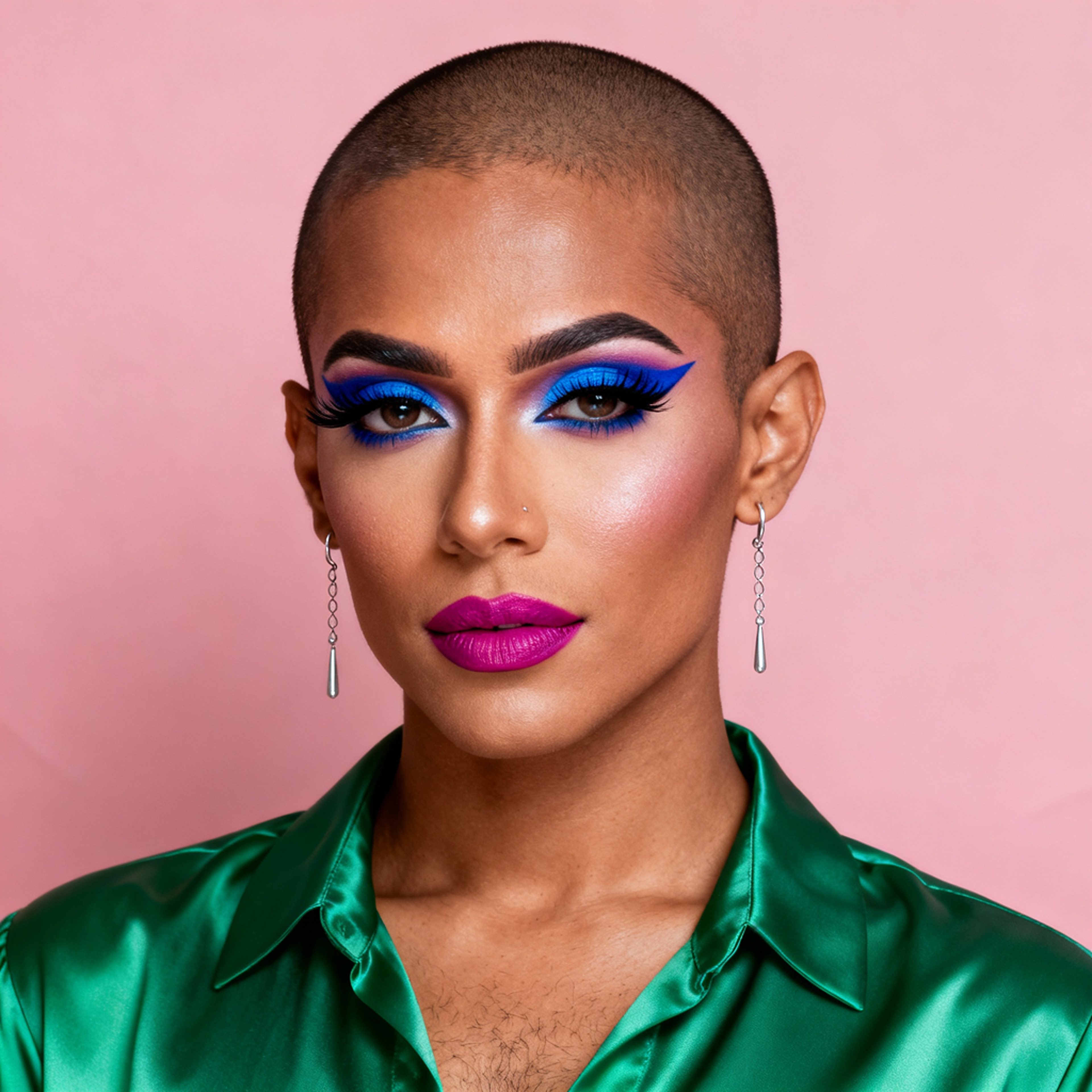 AI-generated portrait of a young woman with a shaved head and bold eye makeup, wearing a satin shirt and earrings, posed with a confident expression against a soft pink background in high-key studio lighting.