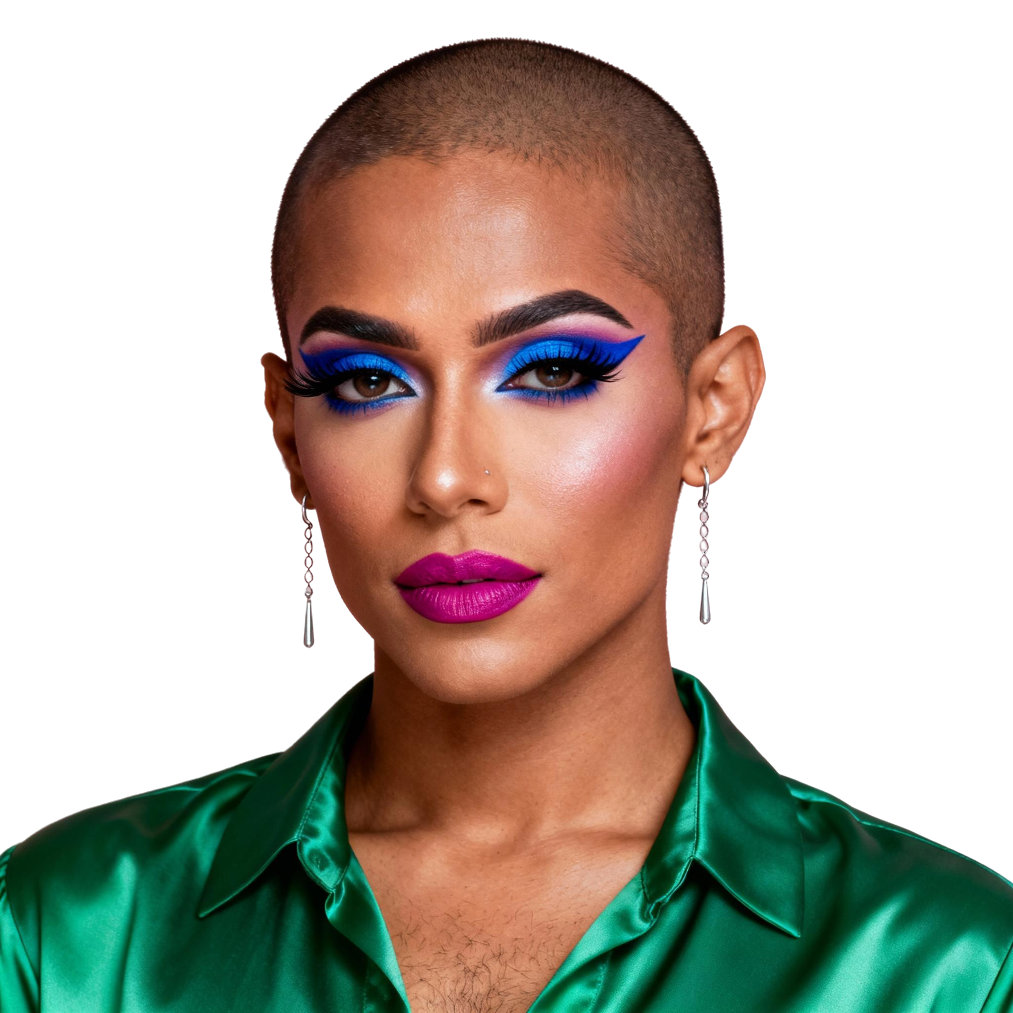 AI-generated portrait of a young woman with a shaved head and bold eye makeup, wearing a satin shirt and earrings, posed with a confident expression against a transparent background in high-key studio lighting.